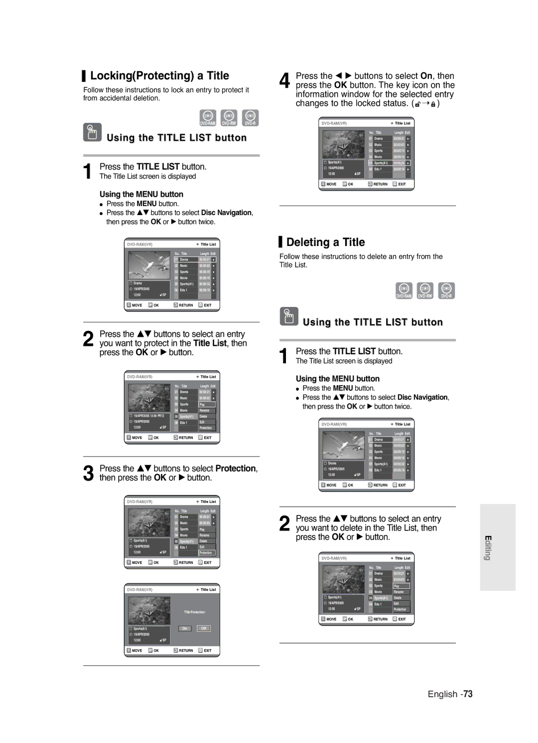 Samsung DVD-R120/EUR, DVD-R120/XEG, DVD-R120/XEF, DVD-R120P, DVD-R120/AFS manual LockingProtecting a Title, Deleting a Title 