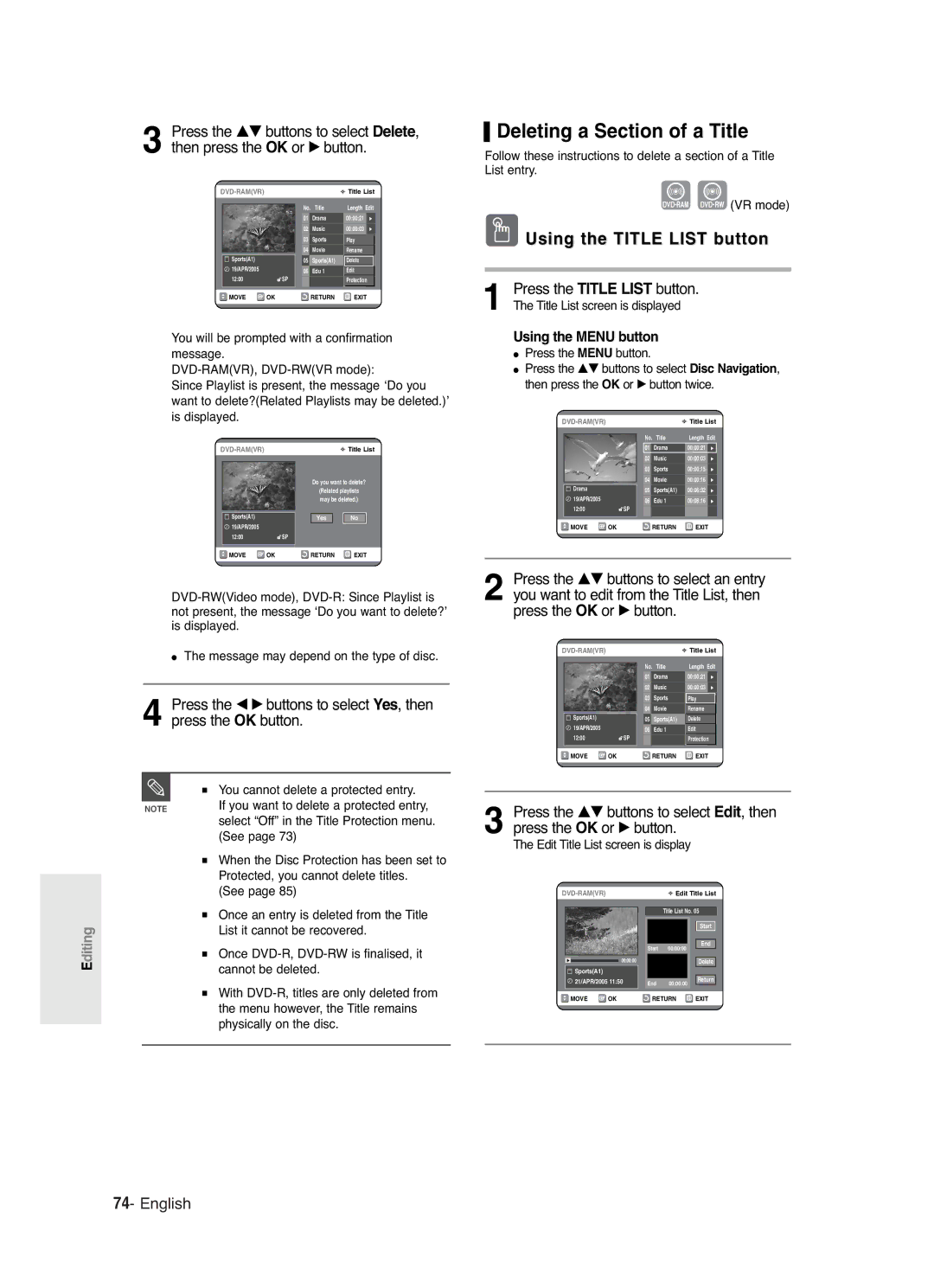 Samsung DVD-R120/XEN, DVD-R120/XEG, DVD-R120/XEF, DVD-R120P, DVD-R120/AFS, DVD-R120/XET manual Deleting a Section of a Title 