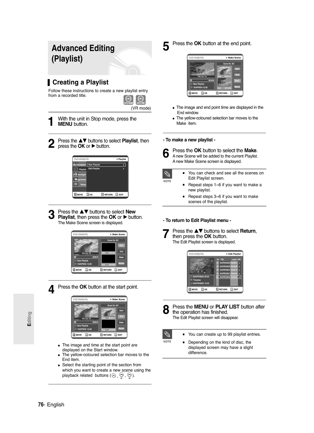 Samsung DVD-R120/XEC Creating a Playlist, Press the OK button at the end point, Press the OK button at the start point 