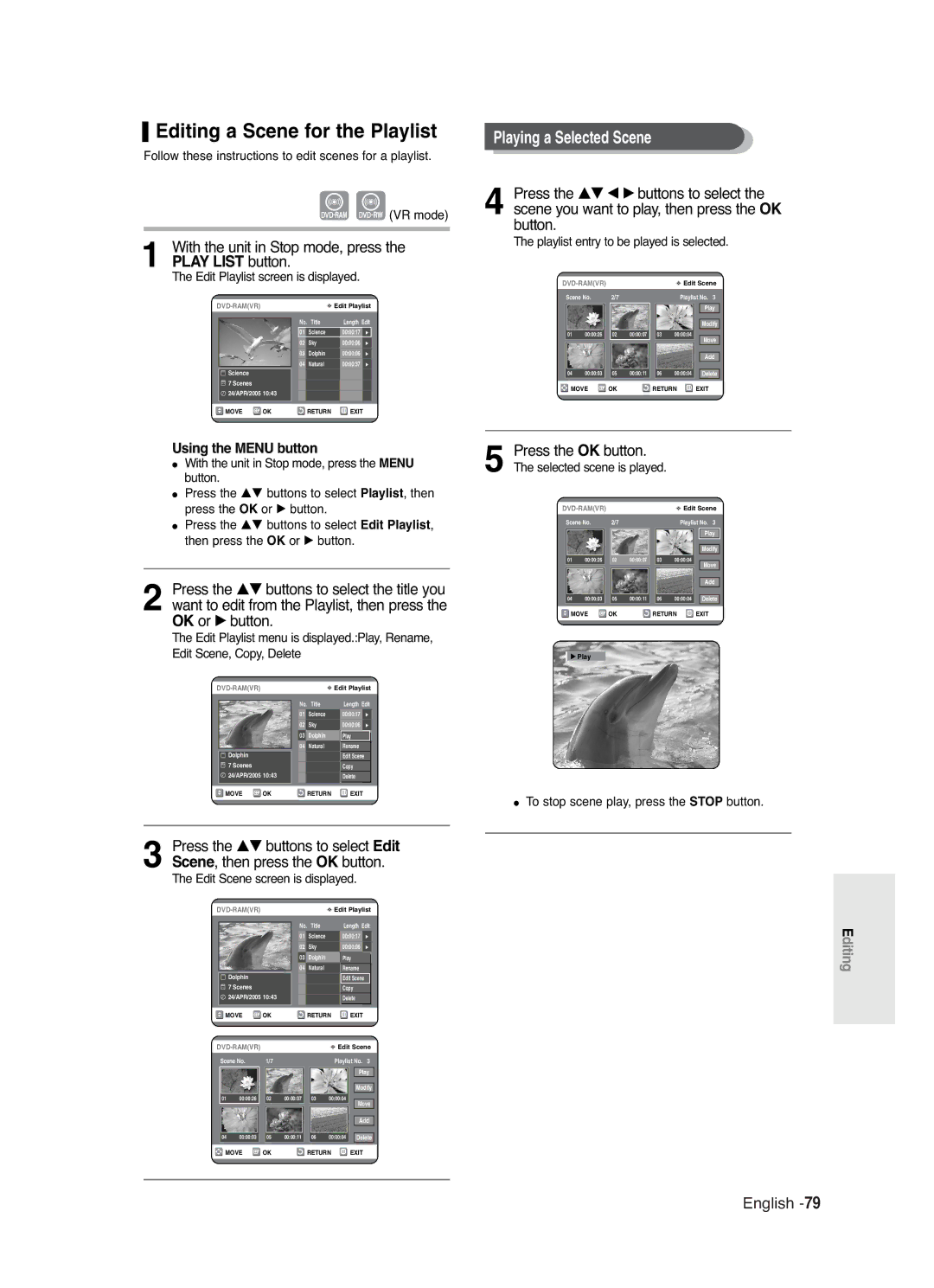 Samsung DVD-R120/XEF, DVD-R120/XEG, DVD-R120P Editing a Scene for the Playlist, Playing a Selected Scene, Play List button 