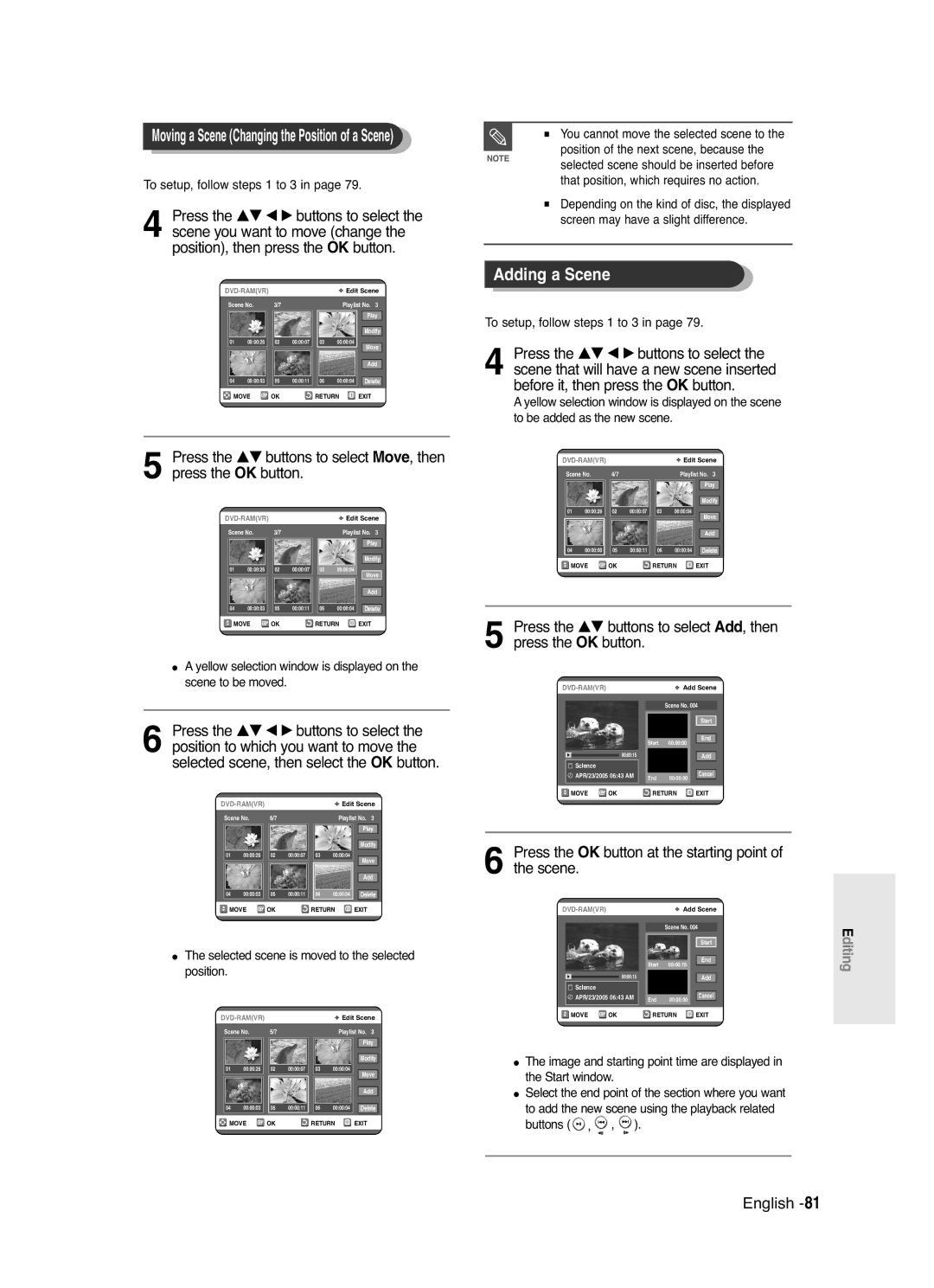 Samsung DVD-R120/AFS, DVD-R120/XEG, DVD-R120/XEF Adding a Scene, Press the OK button at the starting point of the scene 