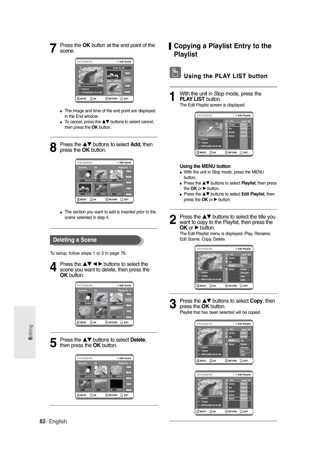 Samsung DVD-R120/XET, DVD-R120/XEG Copying a Playlist Entry to the Playlist, Deleting a Scene, Using the Play List button 