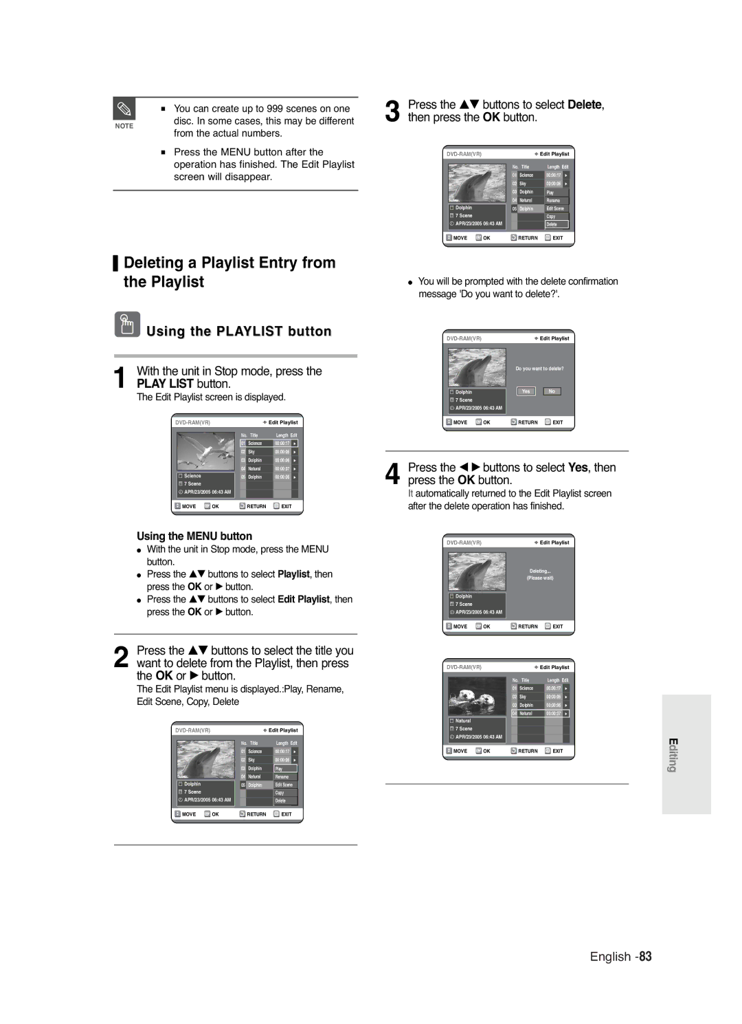 Samsung DVD-R120/XEB, DVD-R120/XEG, DVD-R120/XEF Deleting a Playlist Entry from the Playlist, Using the Playlist button 