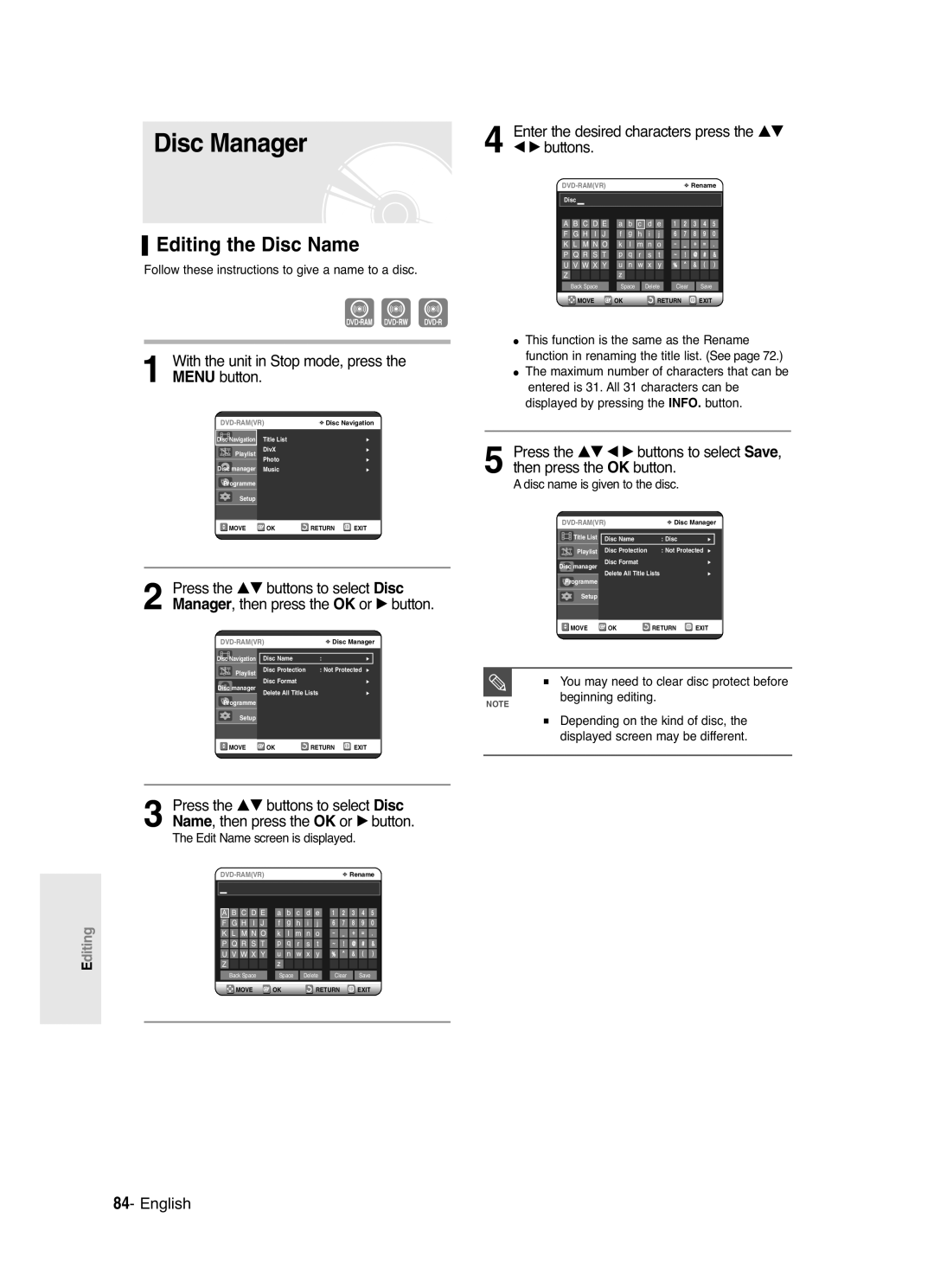 Samsung DVD-R120/XEH, DVD-R120P Disc Manager, Editing the Disc Name, Enter the desired characters press the …† √ buttons 