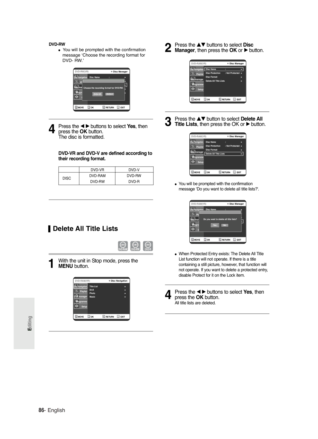 Samsung DVD-R120/EUR, DVD-R120/XEG, DVD-R120/XEF, DVD-R120P, DVD-R120/AFS Delete All Title Lists, All title lists are deleted 