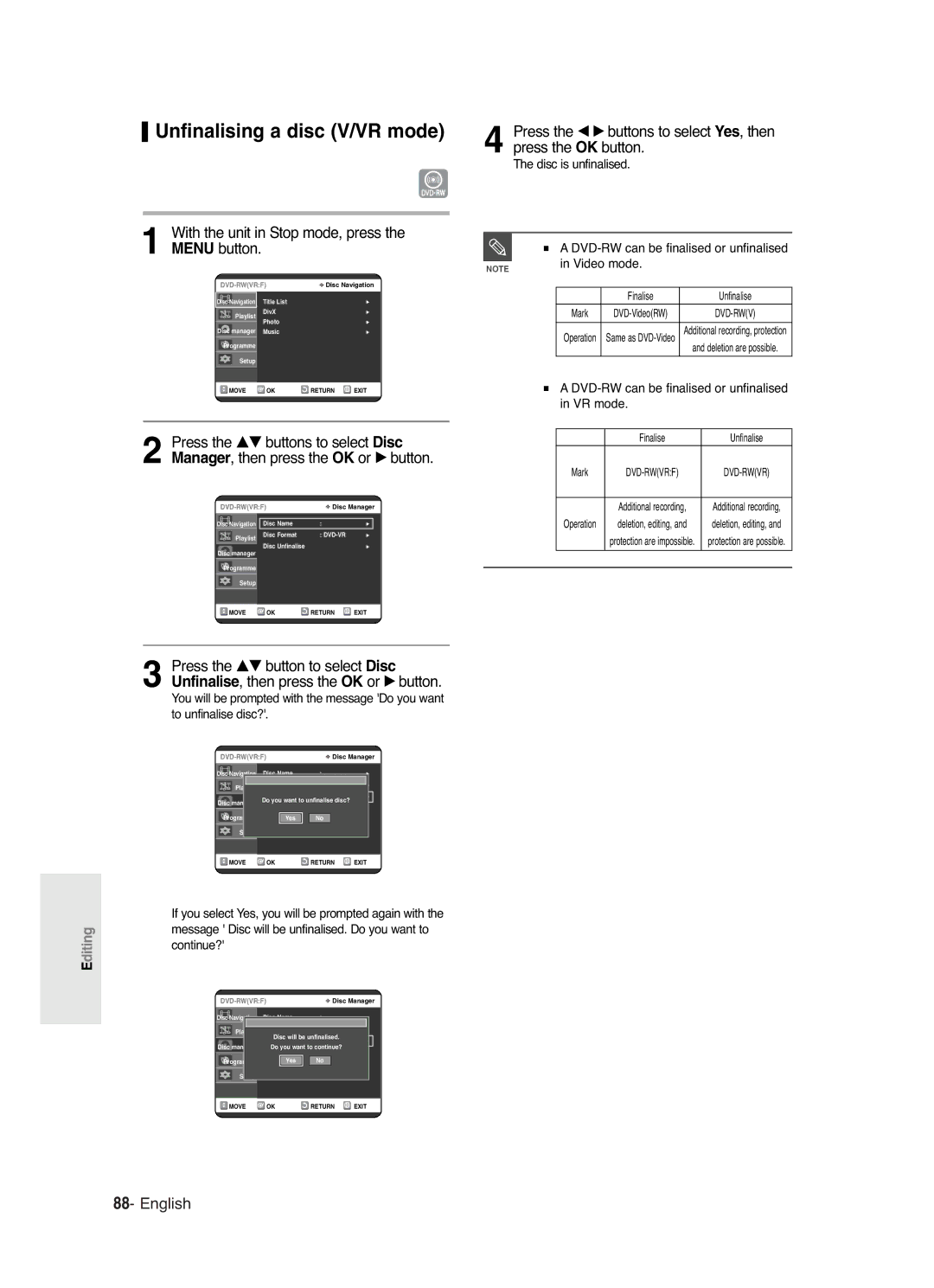 Samsung DVD-R120/SED, DVD-R120/XEG manual Unfinalising a disc V/VR mode, DVD-RW can be finalised or unfinalised in VR mode 