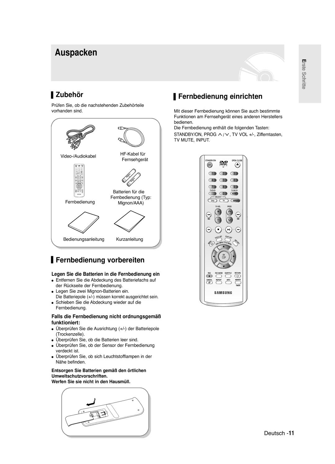 Samsung DVD-R121E/XEG, DVD-R120/XEG manual Auspacken, Zubehör, Fernbedienung vorbereiten, Fernbedienung einrichten 