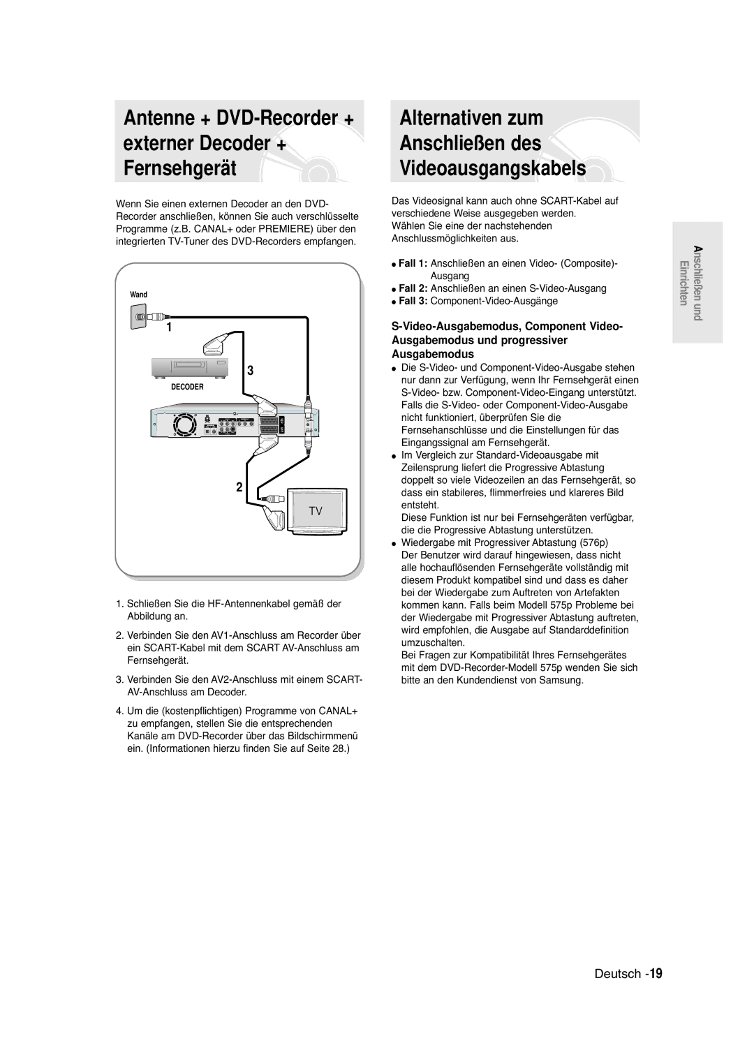 Samsung DVD-R121E/XEG, DVD-R120/XEG manual Alternativen zum Anschließen des Videoausgangskabels 