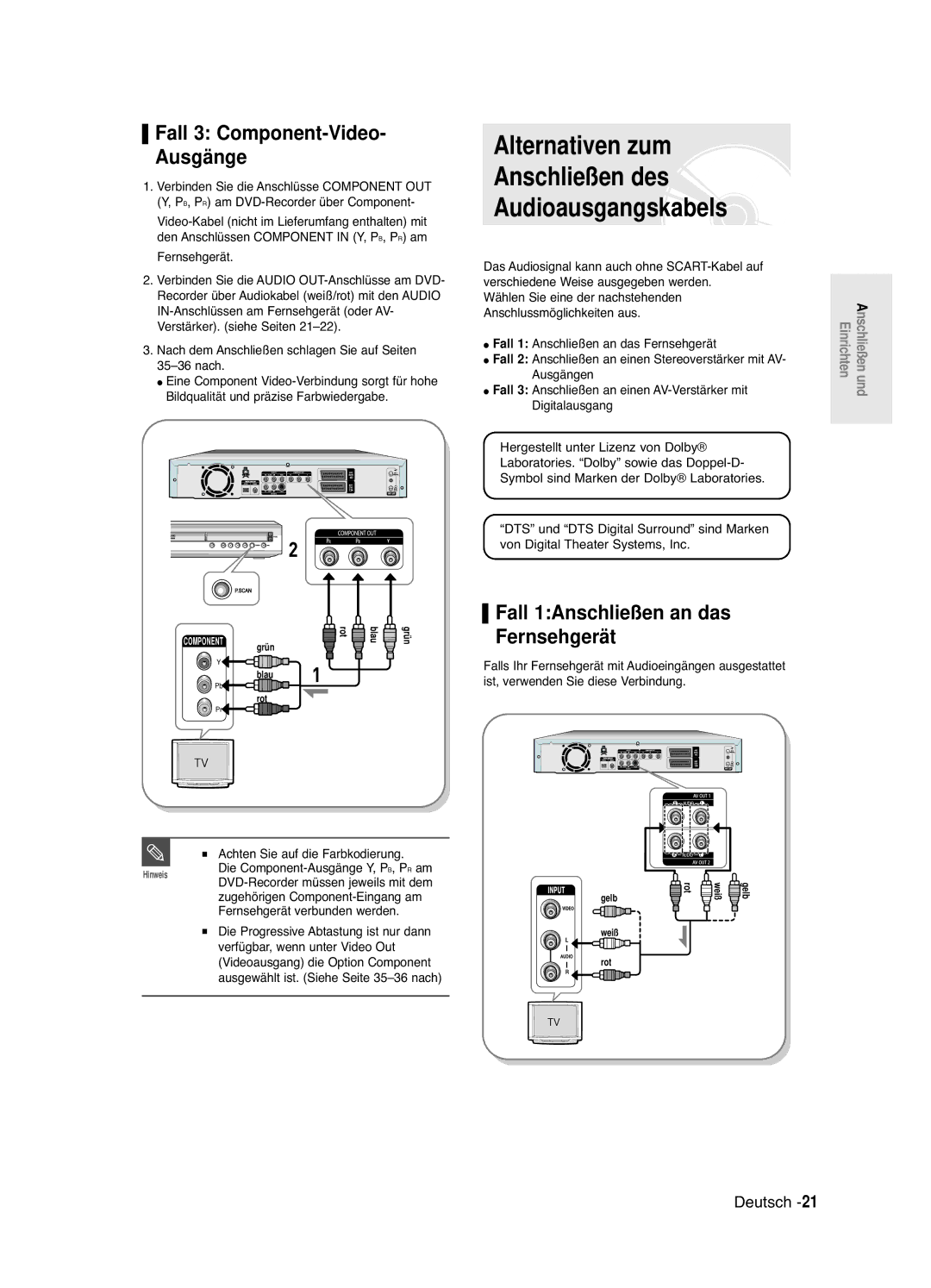 Samsung DVD-R121E/XEG, DVD-R120/XEG Alternativen zum Anschließen des Audioausgangskabels, Fall 3 Component-Video Ausgänge 