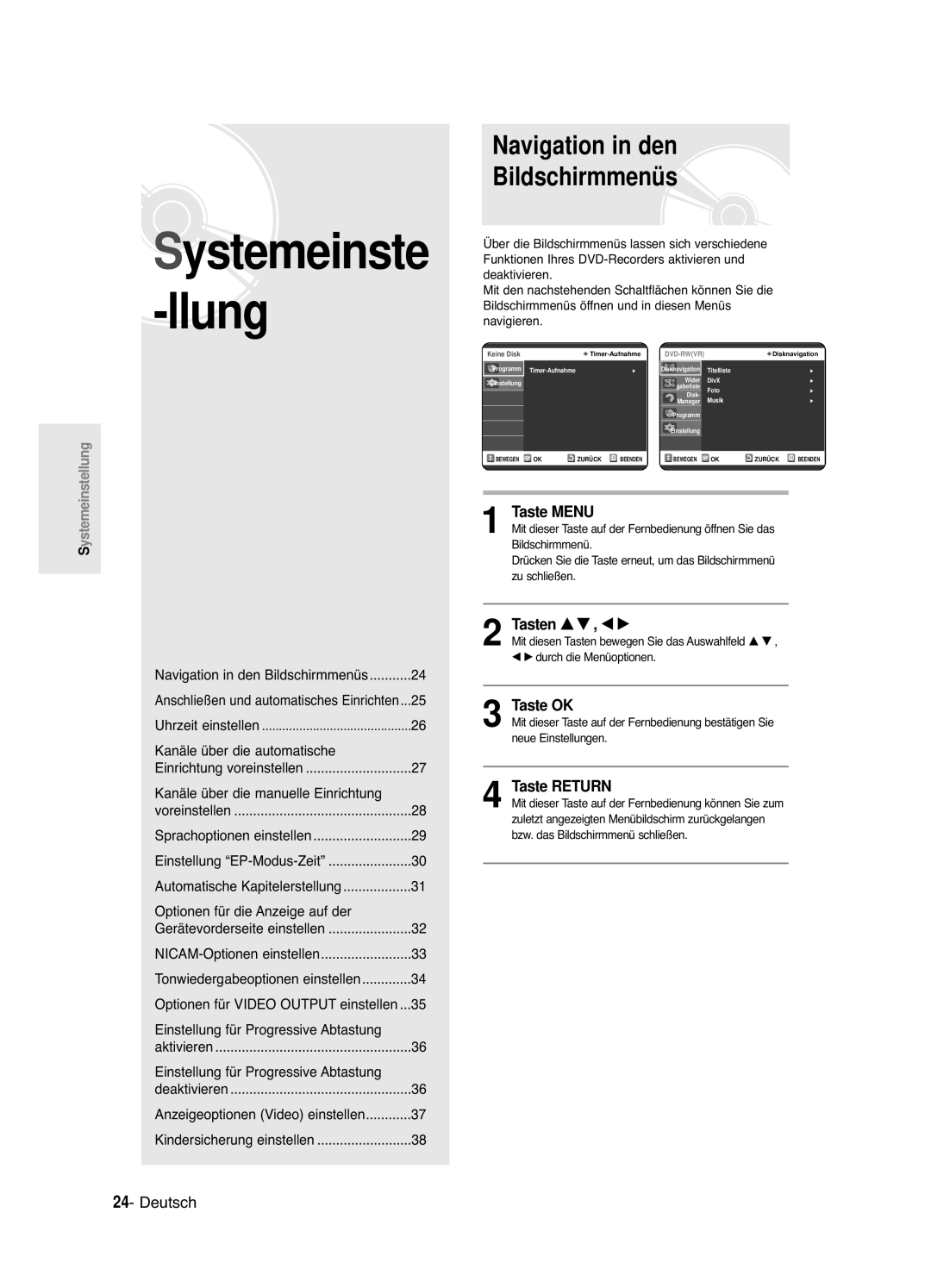 Samsung DVD-R120/XEG, DVD-R121E/XEG manual Navigation in den Bildschirmmenüs, Taste Return, Tasten 