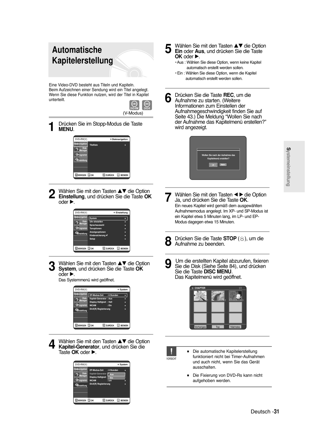 Samsung DVD-R121E/XEG, DVD-R120/XEG manual Automatische, Kapitelerstellung 