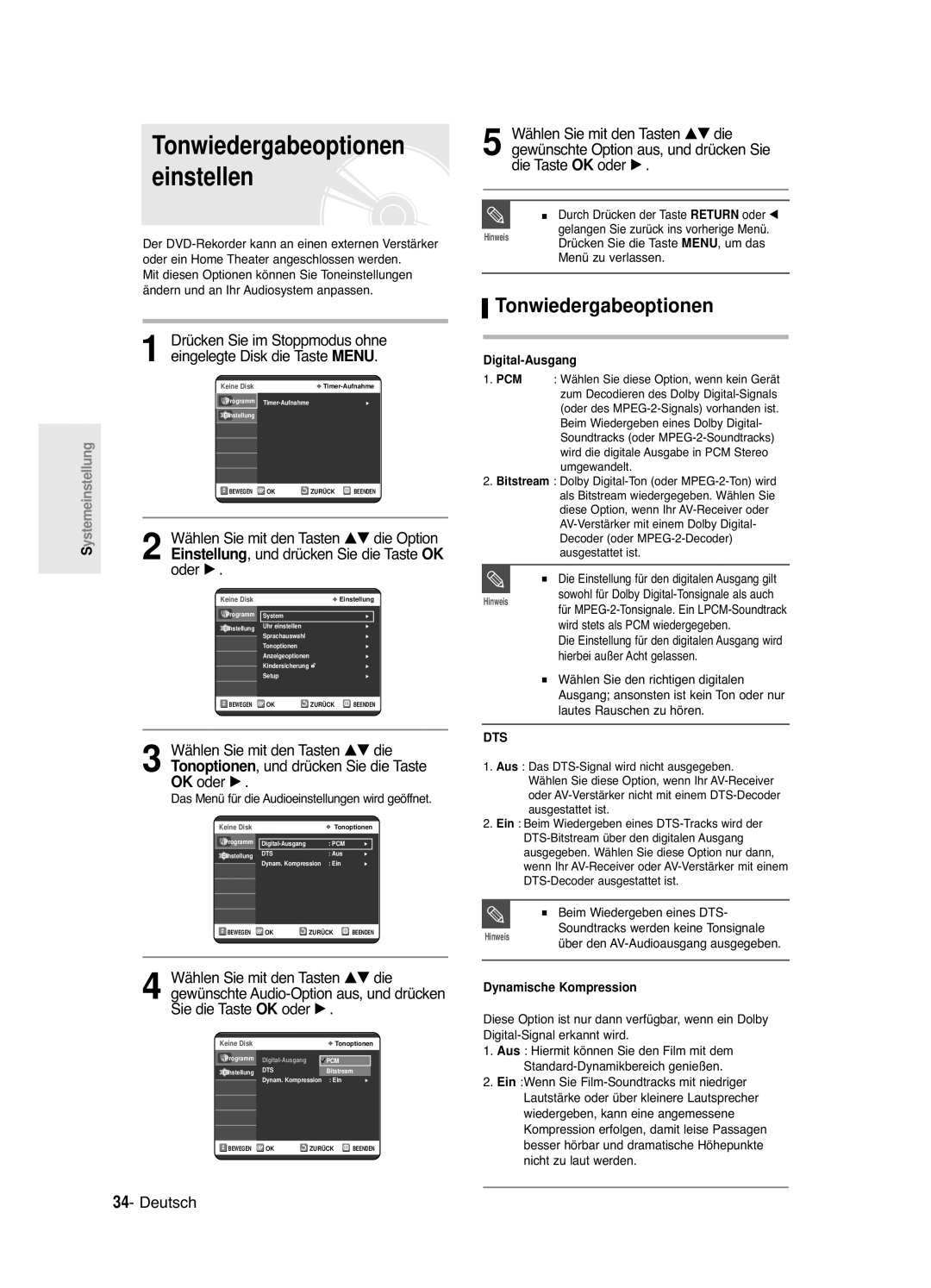 Samsung DVD-R120/XEG manual Tonwiedergabeoptionen, Wählen Sie mit den Tasten …† die, Sie die Taste OK oder √, Tonoptionen 