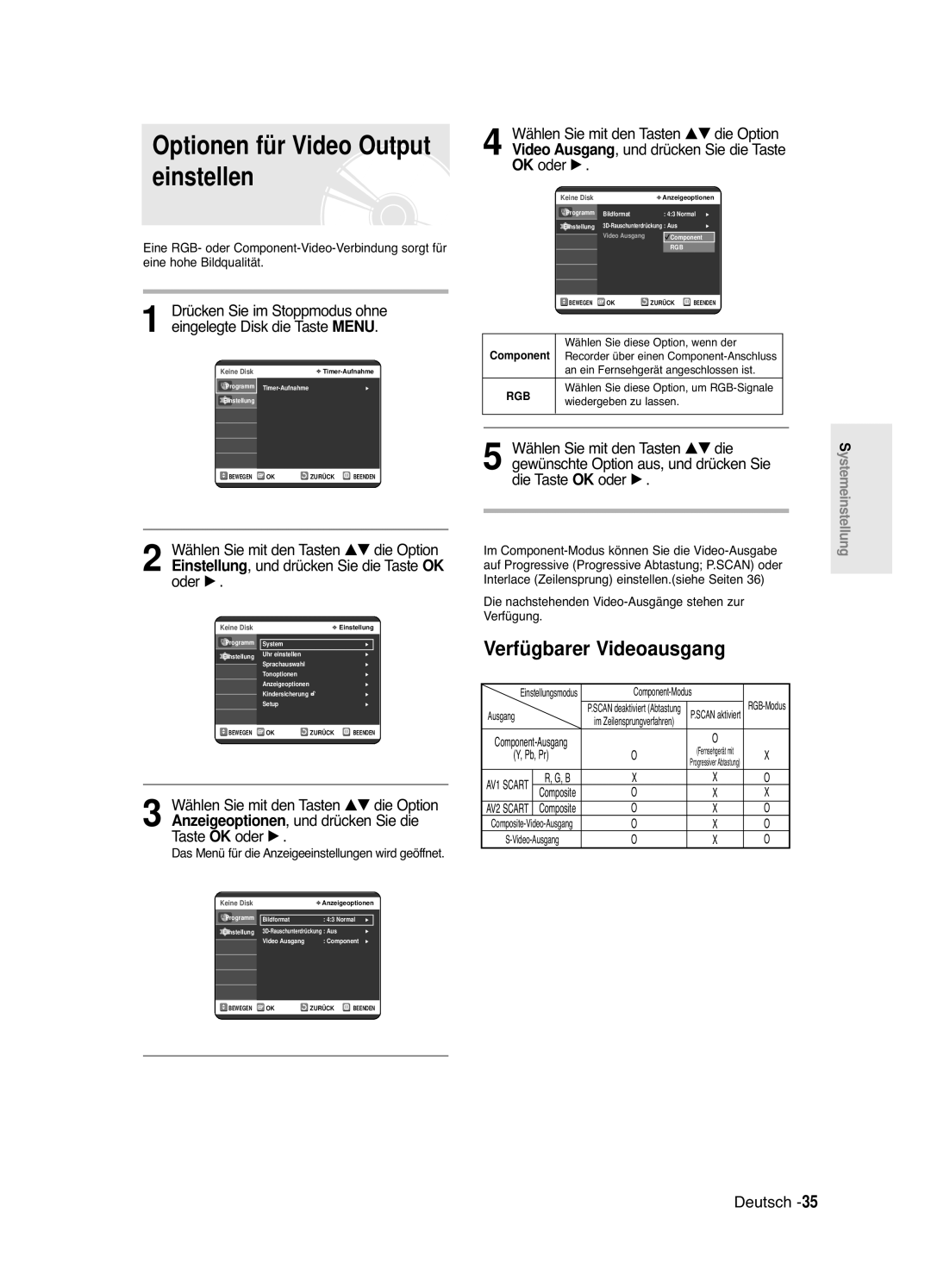 Samsung DVD-R121E/XEG, DVD-R120/XEG manual Verfügbarer Videoausgang, Und drücken Sie die, Taste OK oder √, Anzeigeoptionen 