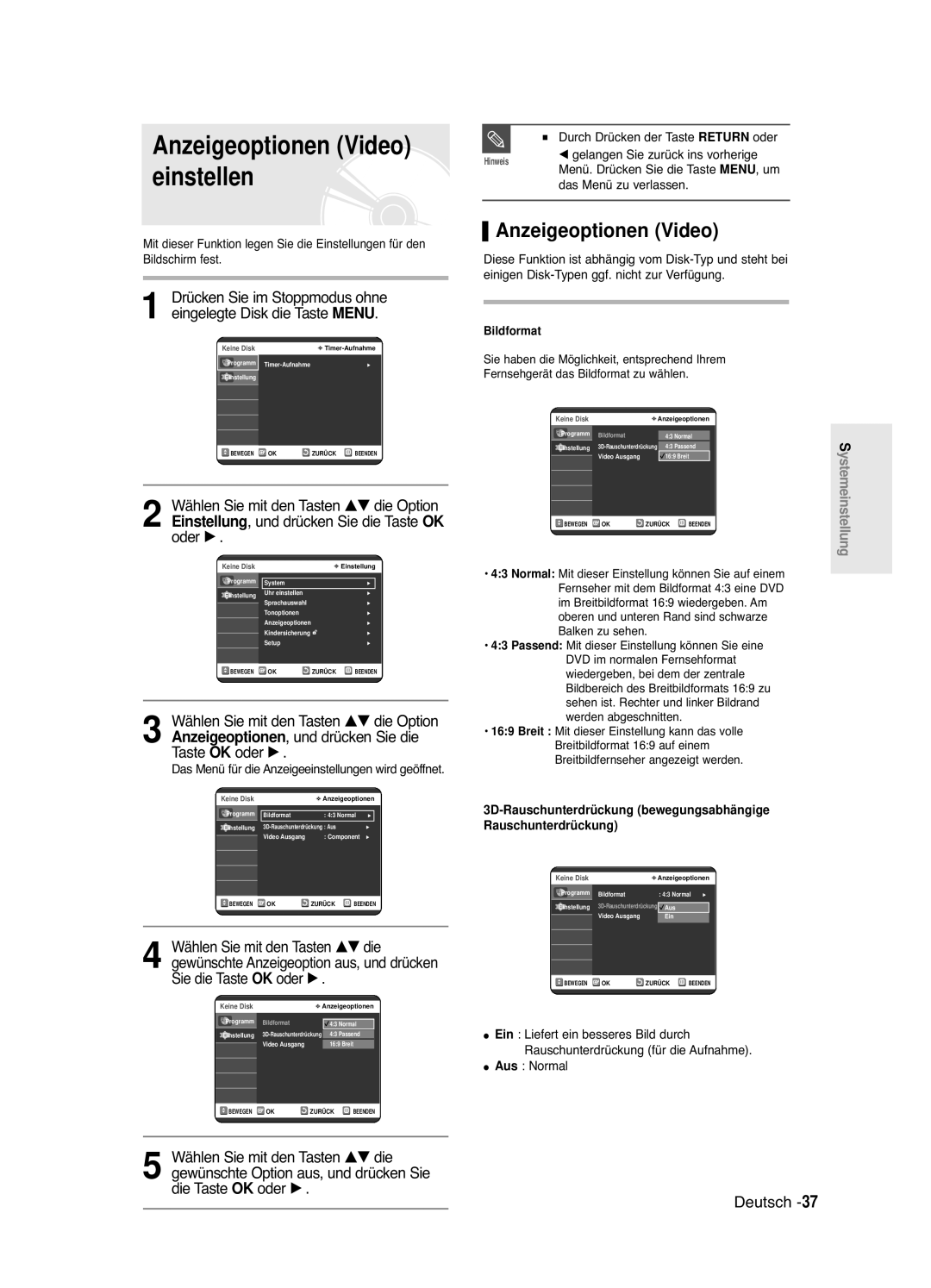 Samsung DVD-R121E/XEG, DVD-R120/XEG manual Anzeigeoptionen Video einstellen, Und drücken Sie die 