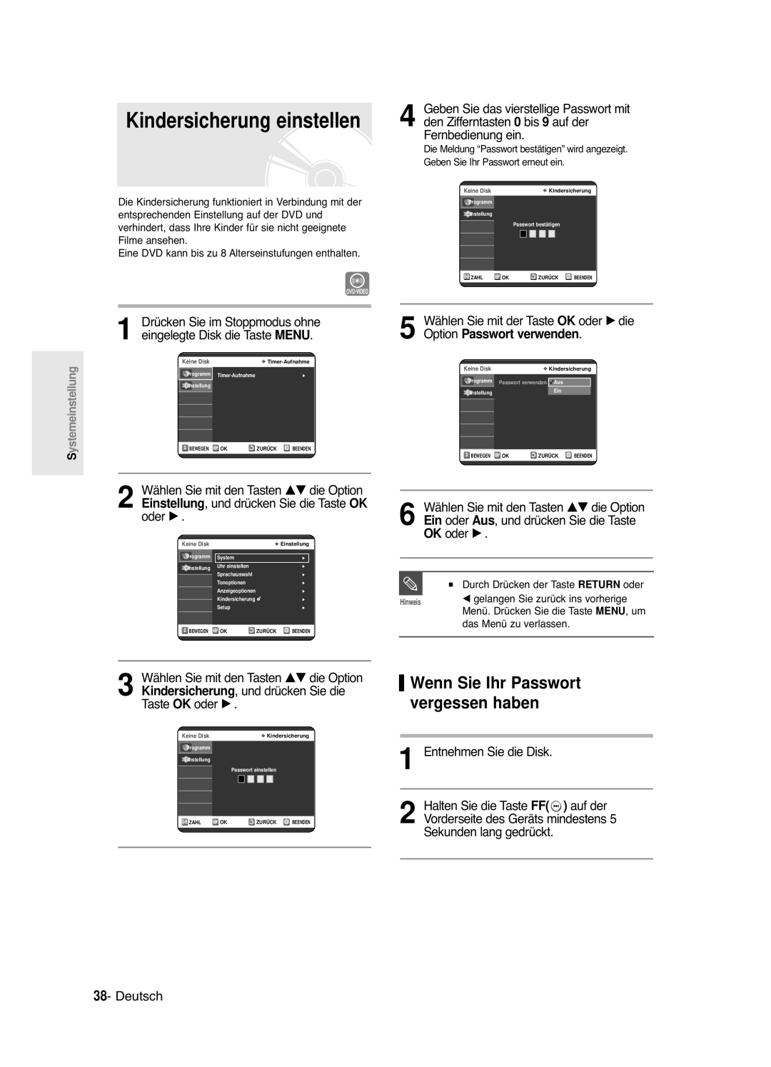 Samsung DVD-R120/XEG, DVD-R121E/XEG manual Wenn Sie Ihr Passwort, Vergessen haben, Wählen Sie mit der Taste OK oder √ die 