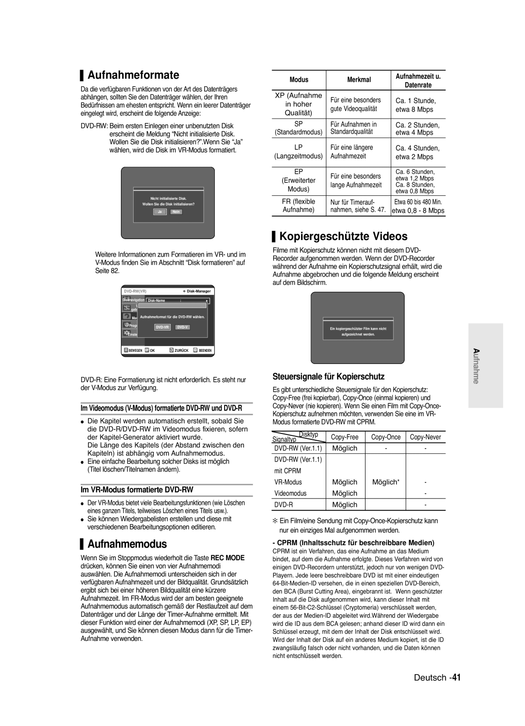 Samsung DVD-R121E/XEG manual Aufnahmeformate, Kopiergeschützte Videos, Aufnahmemodus, Steuersignale für Kopierschutz 