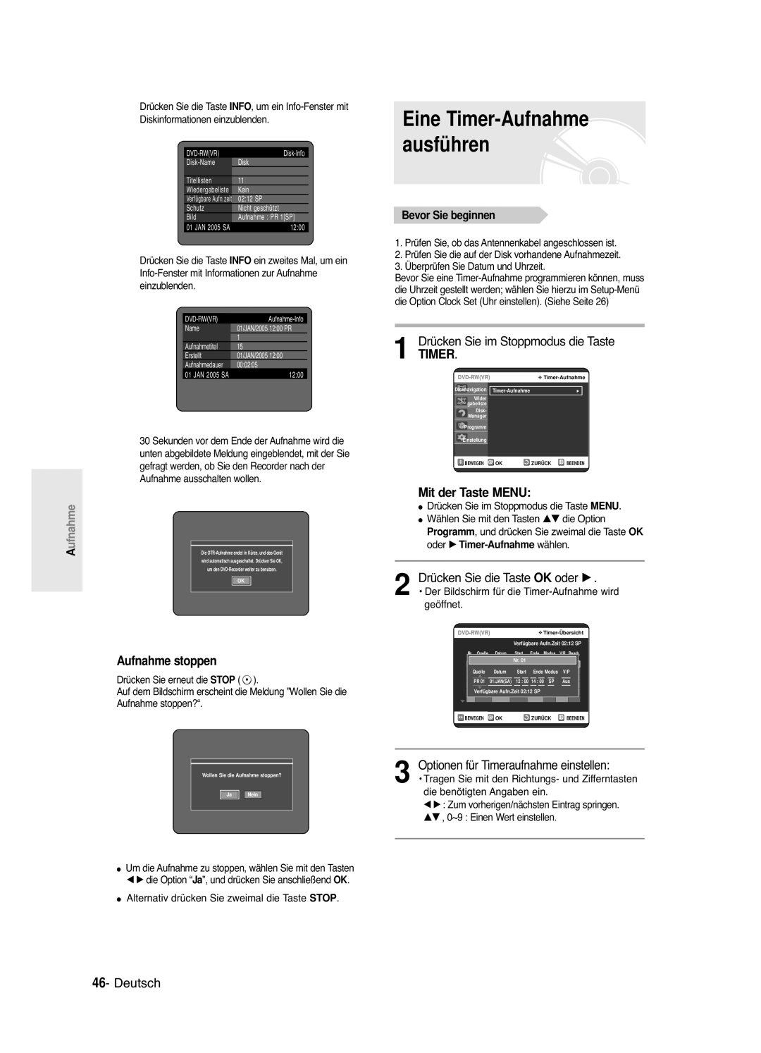 Samsung DVD-R120/XEG manual Mit der Taste Menu, Optionen für Timeraufnahme einstellen, Drücken Sie im Stoppmodus die Taste 