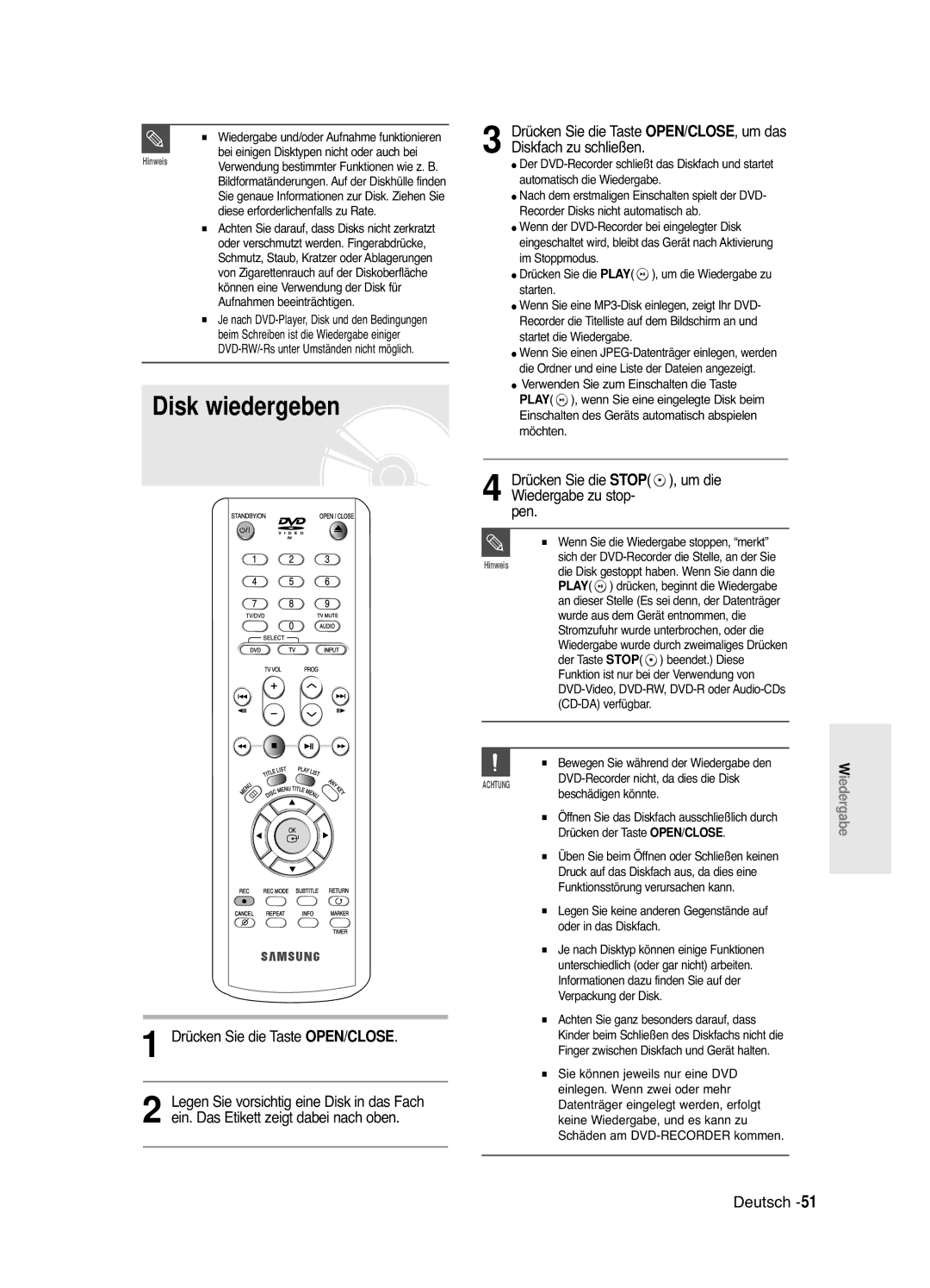 Samsung DVD-R121E/XEG, DVD-R120/XEG manual Disk wiedergeben, Ein. Das Etikett zeigt dabei nach oben, Wiedergabe zu stop, Pen 