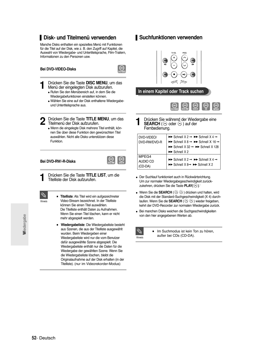 Samsung DVD-R120/XEG manual Disk- und Titelmenü verwenden, Suchfunktionen verwenden, Einem Kapitel oder Track suchen 