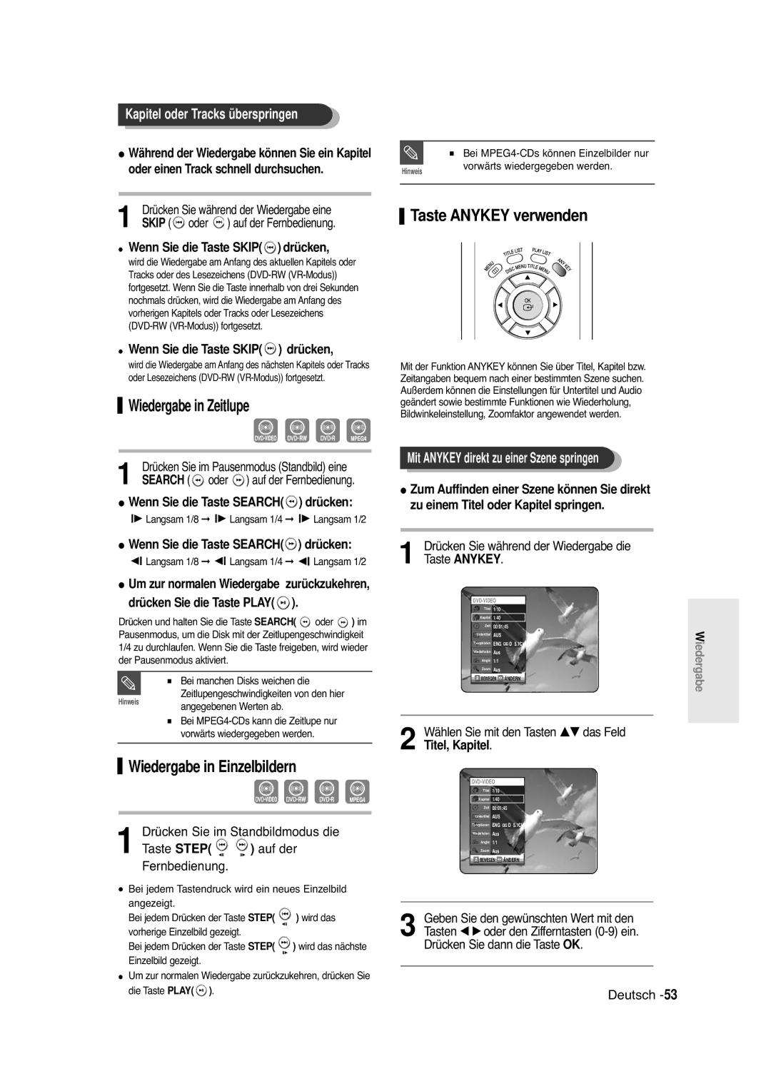 Samsung DVD-R121E/XEG, DVD-R120/XEG manual Wiedergabe in Zeitlupe, Wiedergabe in Einzelbildern, Taste Anykey verwenden 