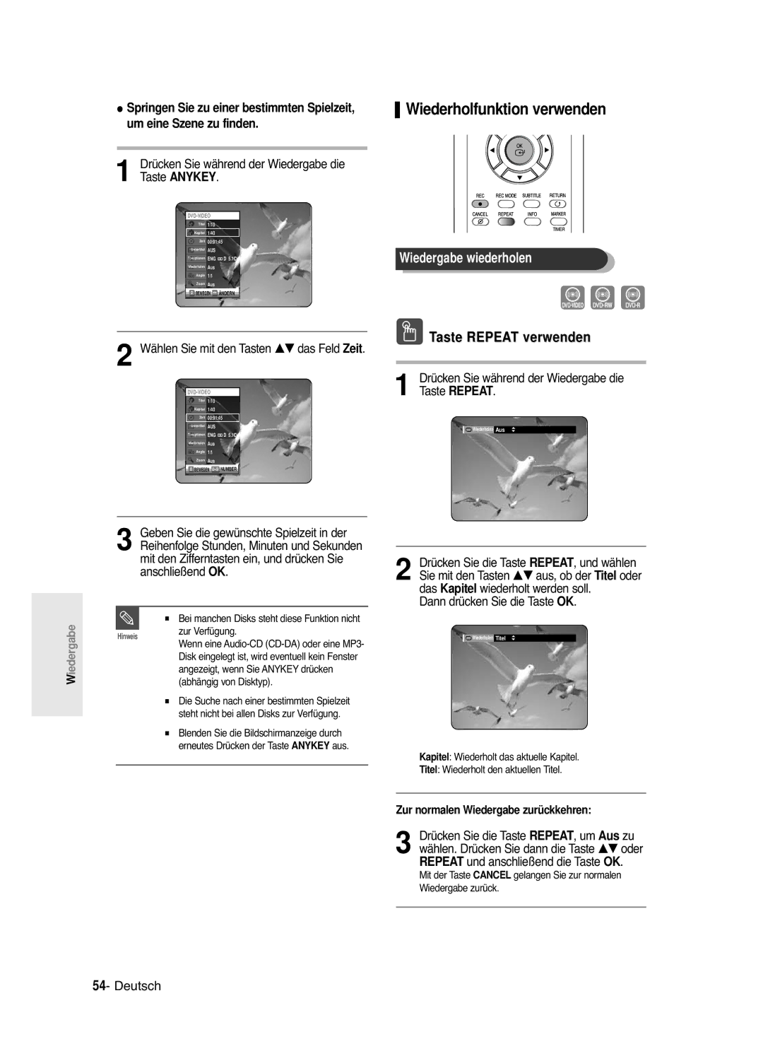 Samsung DVD-R120/XEG manual Wiederholfunktion verwenden, Wiedergabe wiederholen, Verwenden, Anschließend OK, Um Aus zu 