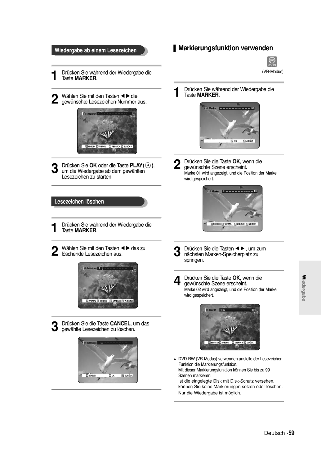 Samsung DVD-R121E/XEG, DVD-R120/XEG Markierungsfunktion verwenden, Wiedergabe ab einem Lesezeichen, Lesezeichen löschen 