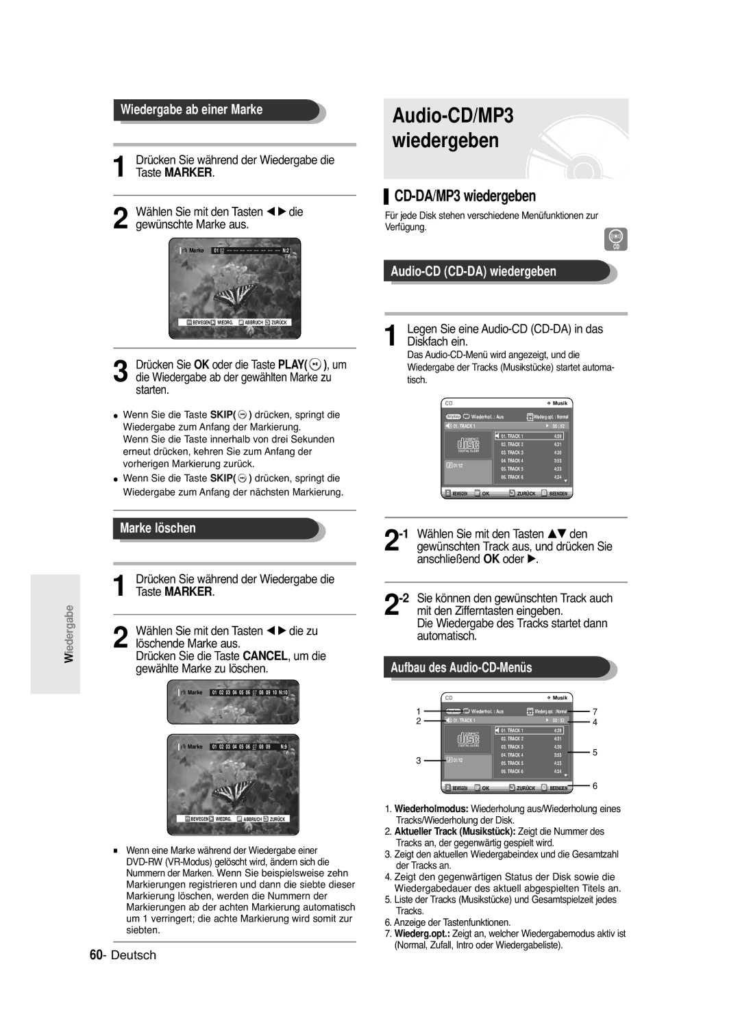 Samsung DVD-R120/XEG manual CD-DA/MP3 wiedergeben, Wiedergabe ab einer Marke, Audio-CD CD-DA wiedergeben, Marke löschen 