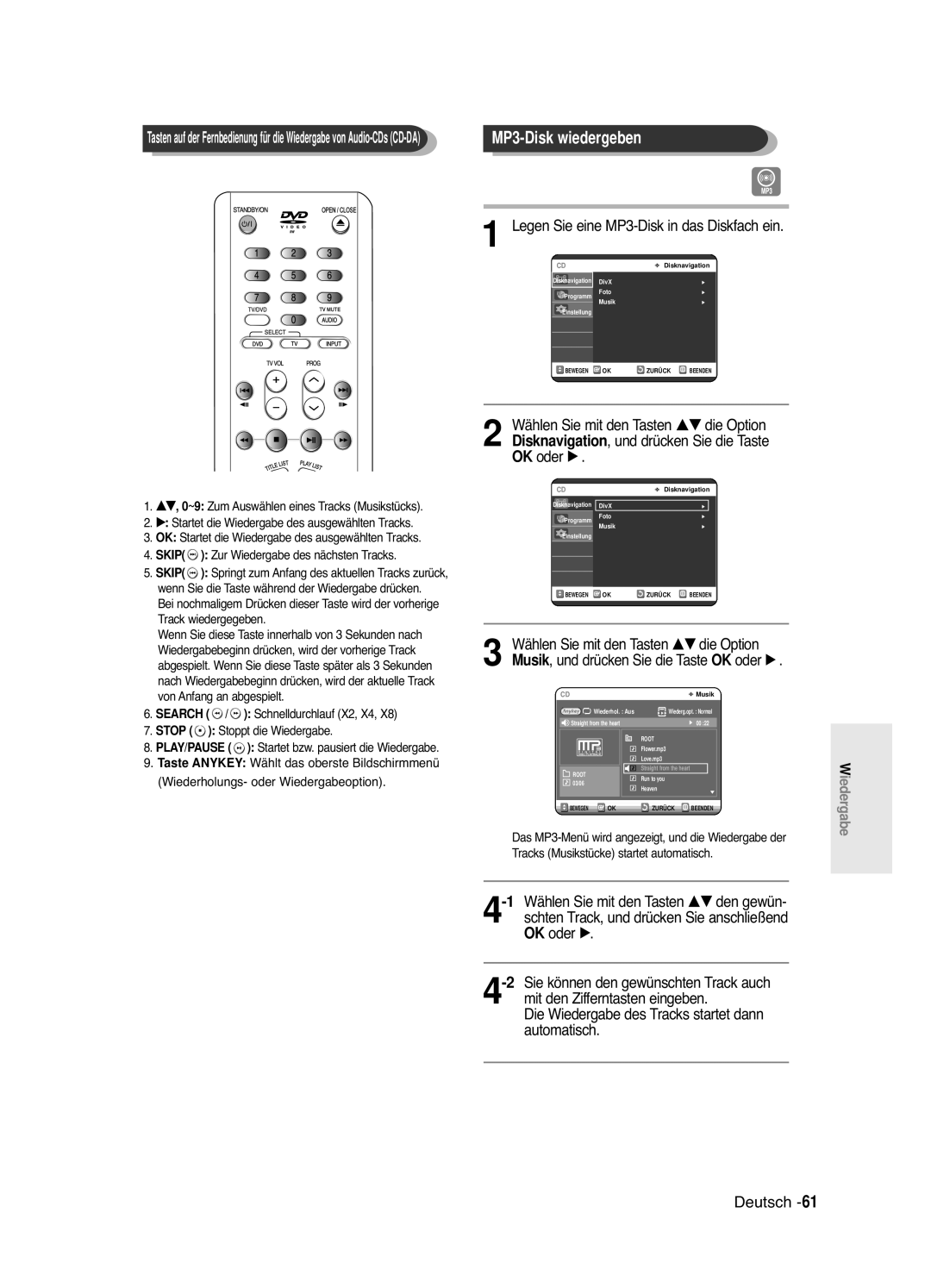 Samsung DVD-R121E/XEG, DVD-R120/XEG manual MP3-Disk wiedergeben, Legen Sie eine MP3-Disk in das Diskfach ein, Oder √ 