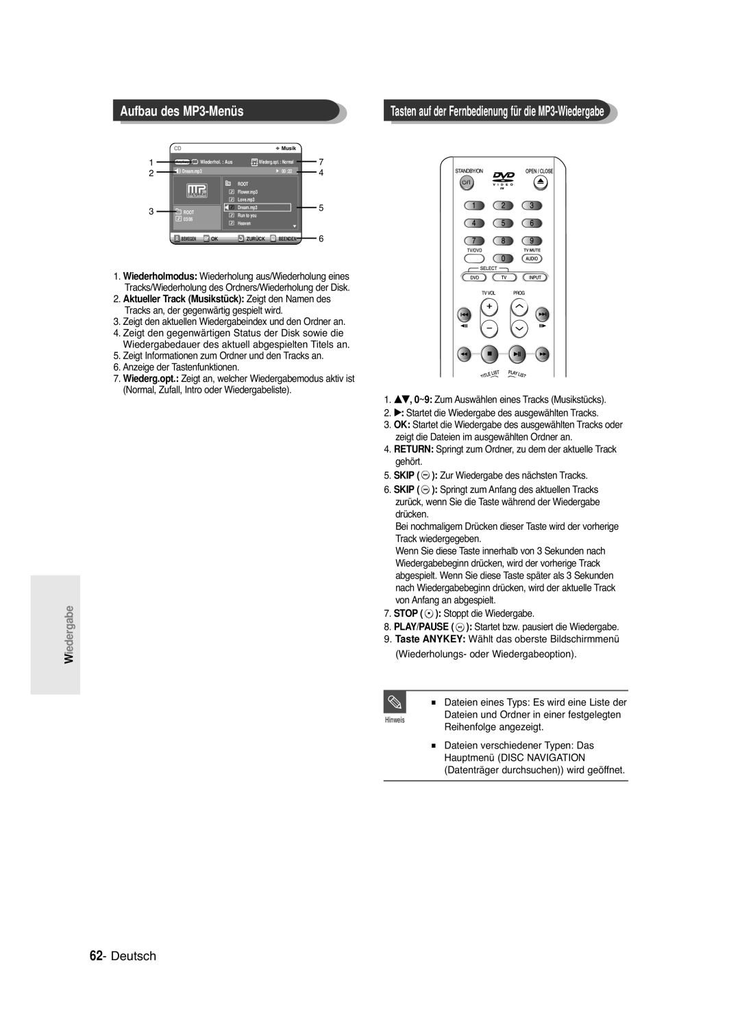 Samsung DVD-R120/XEG, DVD-R121E/XEG manual Aufbau des MP3-Menüs, Aktueller Track Musikstück Zeigt den Namen des 