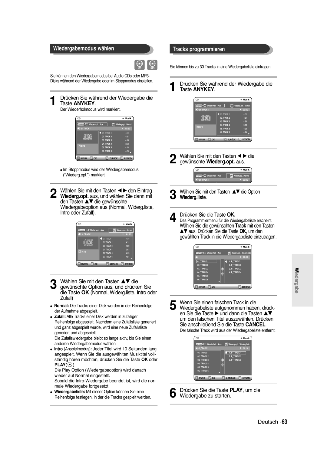 Samsung DVD-R121E/XEG, DVD-R120/XEG manual Wiedergabemodus wählen, Tracks programmieren 