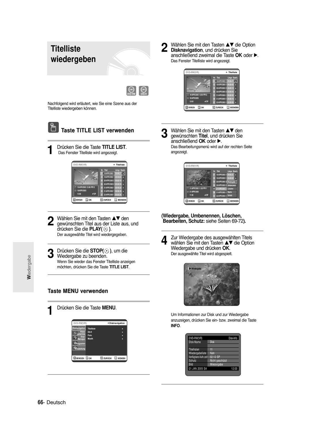 Samsung DVD-R120/XEG manual Aste Title List verwenden, Wählen Sie mit den Tasten …† den, Wiedergabe, Umbenennen, Löschen 