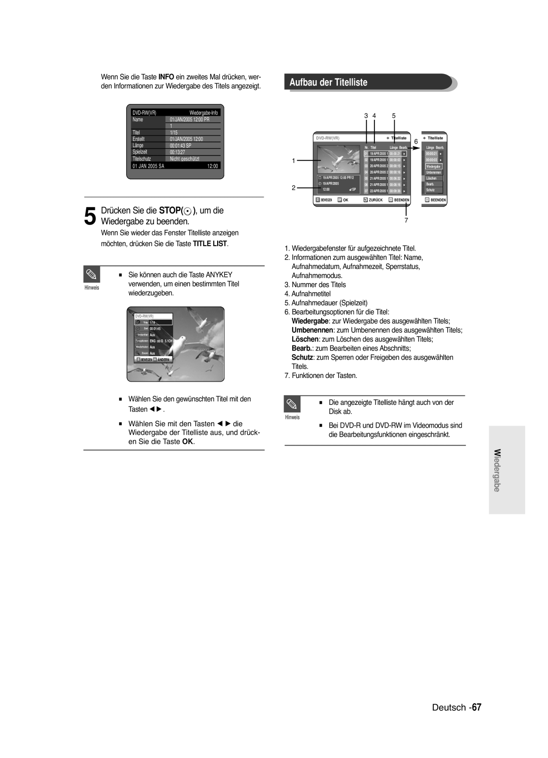 Samsung DVD-R121E/XEG, DVD-R120/XEG manual Aufbau der Titelliste, Wiedergabe zu beenden, Wiederzugeben 