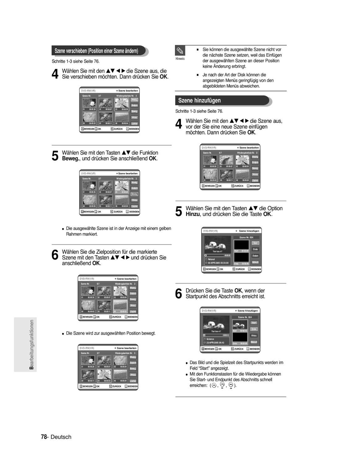 Samsung DVD-R120/XEG Szene hinzufügen, Startpunkt des Abschnitts erreicht ist, Szene mit den Tasten …† œ √ und drücken Sie 