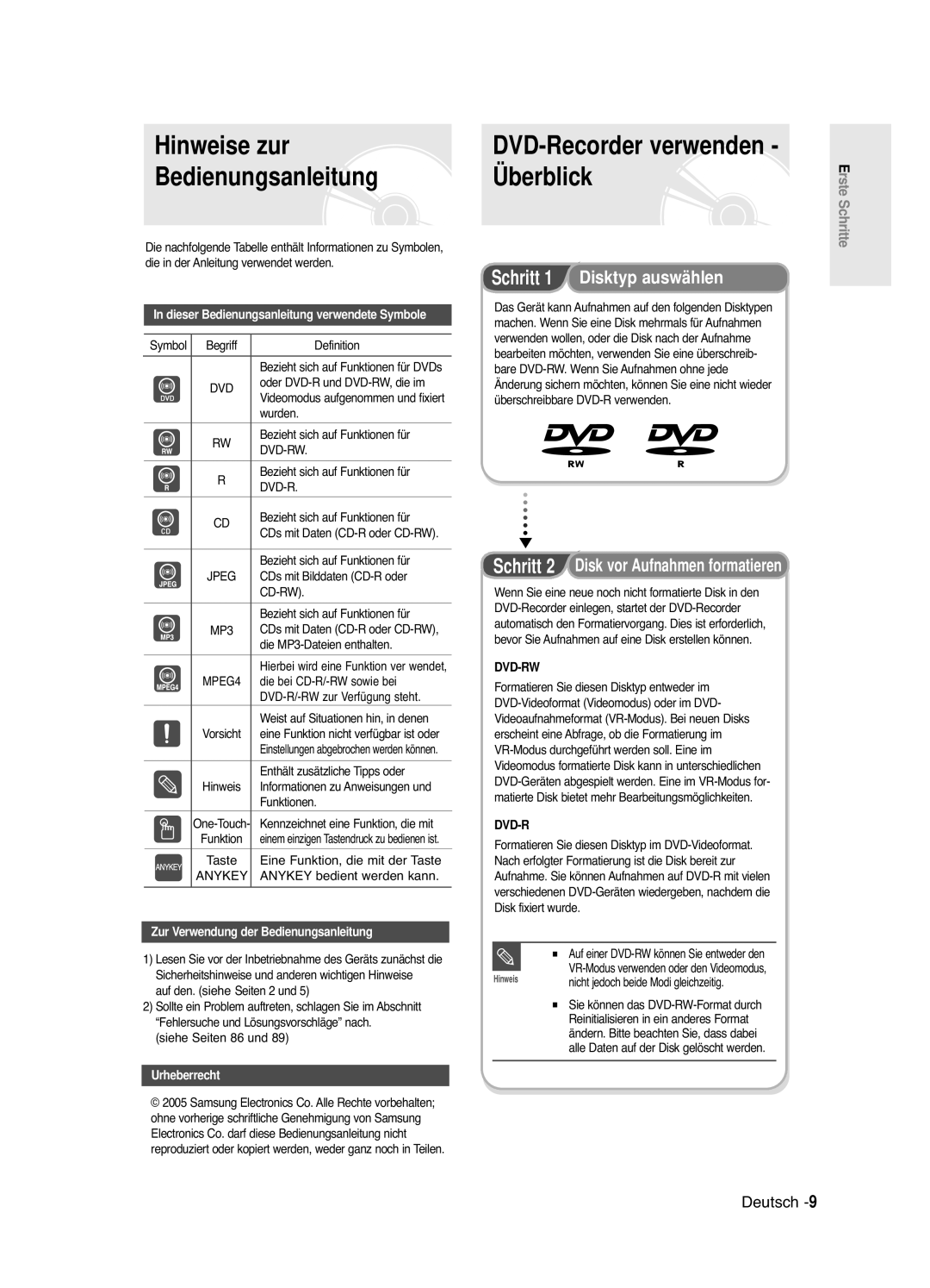 Samsung DVD-R121E/XEG manual Hinweise zur, Bedienungsanleitung Überblick, Dieser Bedienungsanleitung verwendete Symbole 