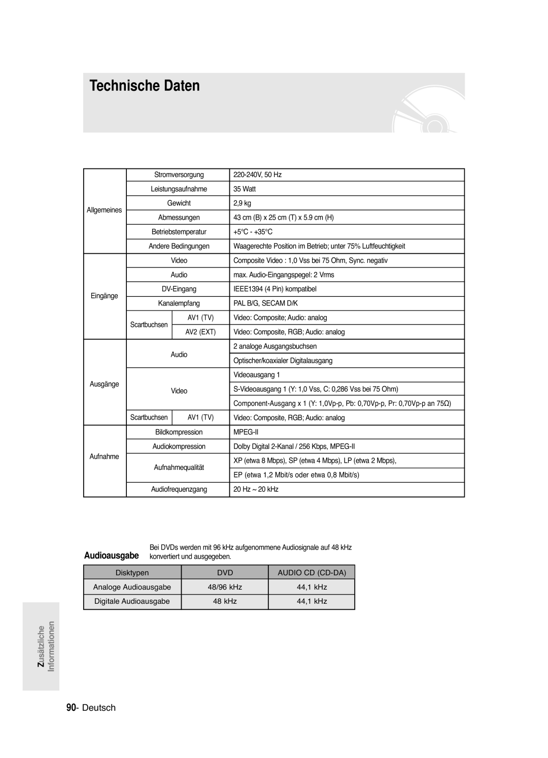 Samsung DVD-R120/XEG, DVD-R121E/XEG manual Technische Daten 