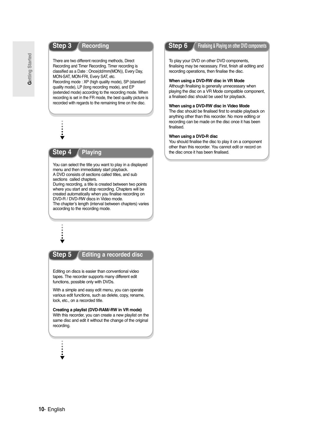 Samsung DVD-R120/XET, DVD-R120/EUR manual When using a DVD-RW disc in Video Mode, When using a DVD-R disc 