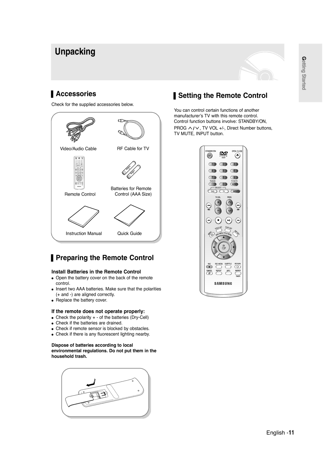 Samsung DVD-R120/EUR, DVD-R120/XET manual Unpacking, Accessories, Preparing the Remote Control, Setting the Remote Control 