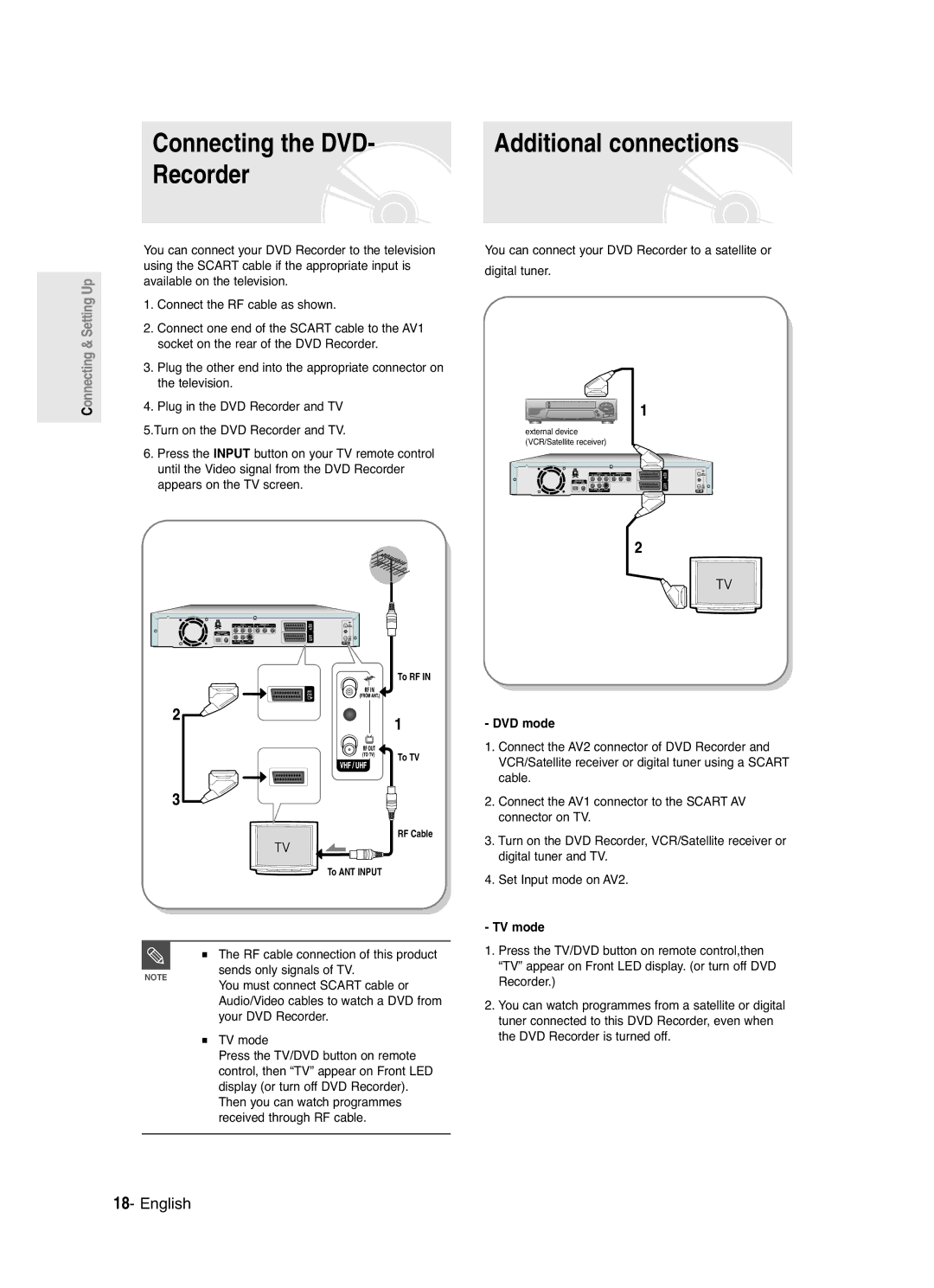 Samsung DVD-R120/XET, DVD-R120/EUR manual Connecting the DVD, DVD mode, TV mode, Recorder 