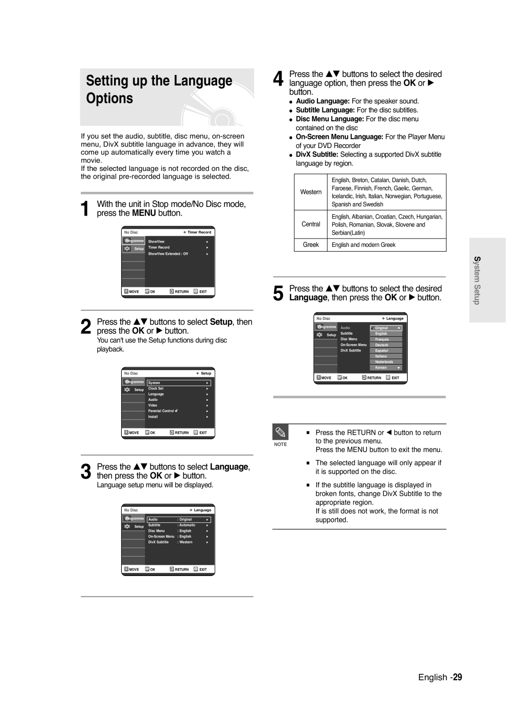 Samsung DVD-R120/EUR, DVD-R120/XET Setting up the Language Options, You cant use the Setup functions during disc playback 