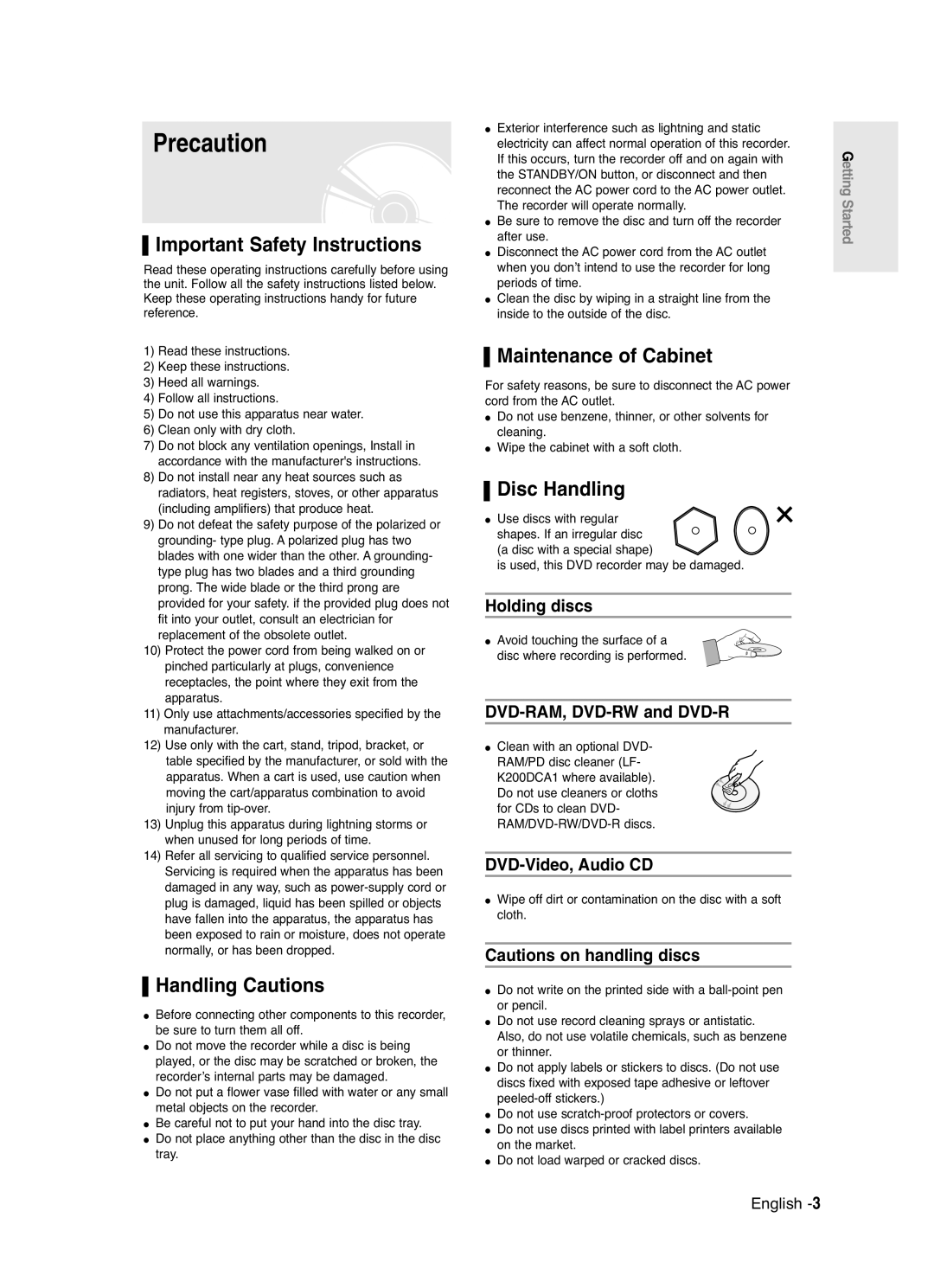 Samsung DVD-R120/EUR Precaution, Important Safety Instructions, Handling Cautions, Maintenance of Cabinet, Disc Handling 