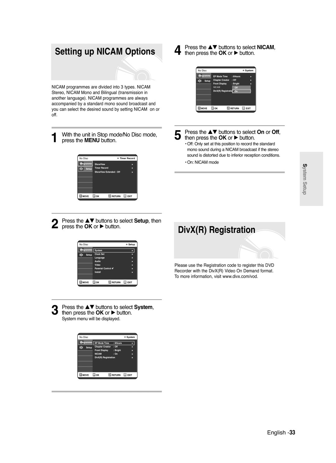 Samsung DVD-R120/EUR, DVD-R120/XET manual Setting up Nicam Options, DivXR Registration 