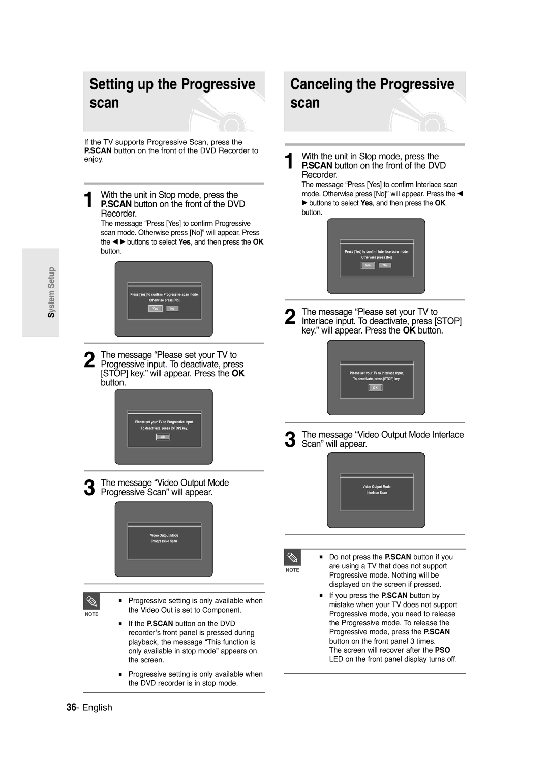 Samsung DVD-R120/XET, DVD-R120/EUR Setting up the Progressive, Message Video Output Mode Interlace Scan will appear 