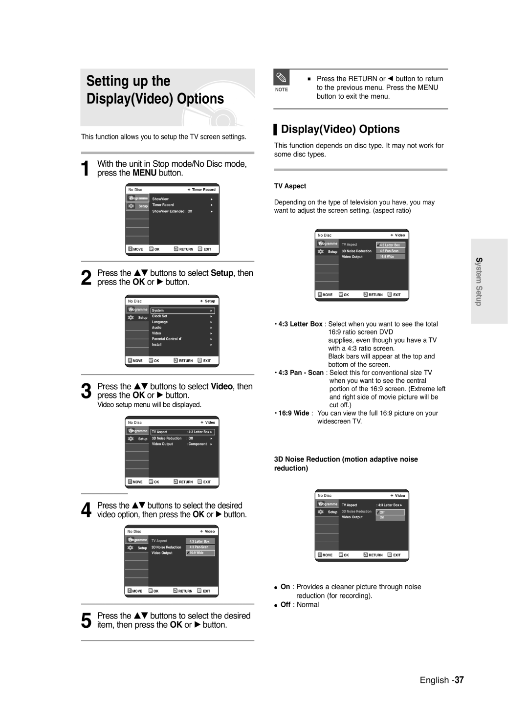 Samsung DVD-R120/EUR, DVD-R120/XET manual DisplayVideo Options, This function allows you to setup the TV screen settings 