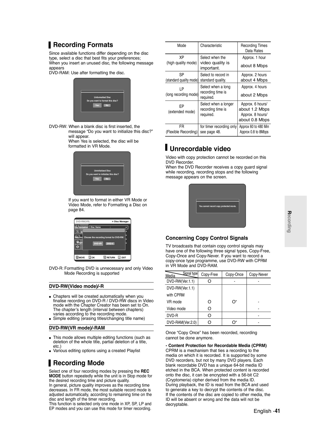 Samsung DVD-R120/EUR, DVD-R120/XET Recording Formats, Recording Mode, Unrecordable video, Concerning Copy Control Signals 