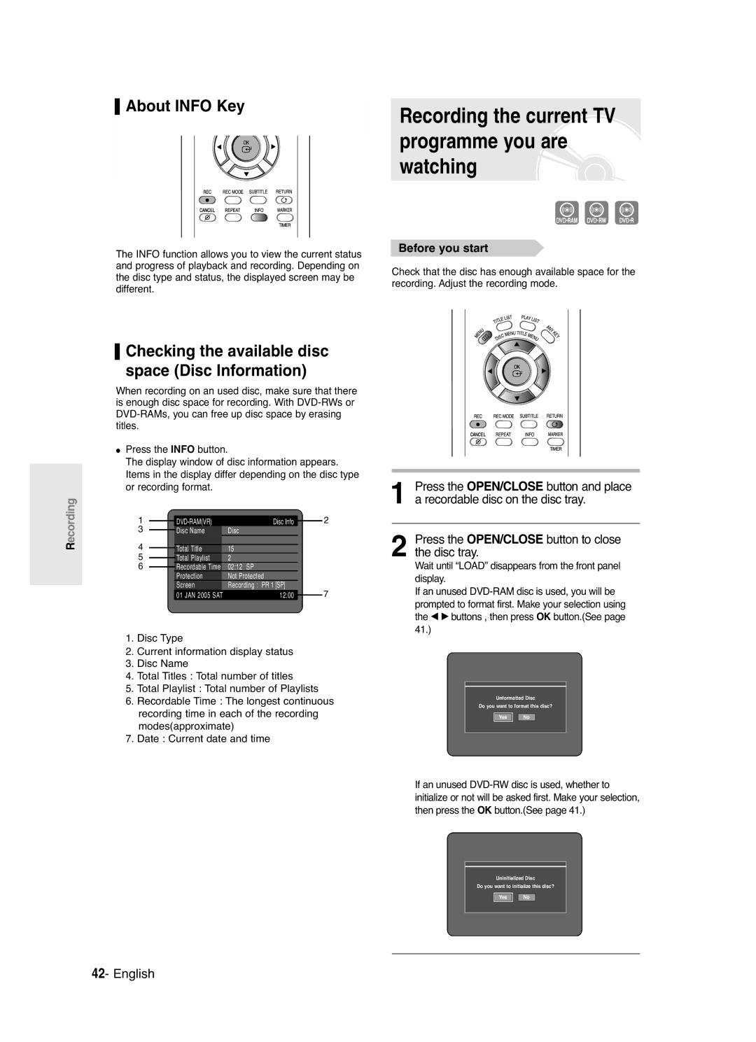 Samsung DVD-R120/XET manual Programme you are, Watching, About Info Key, Press the OPEN/CLOSE button to close the disc tray 