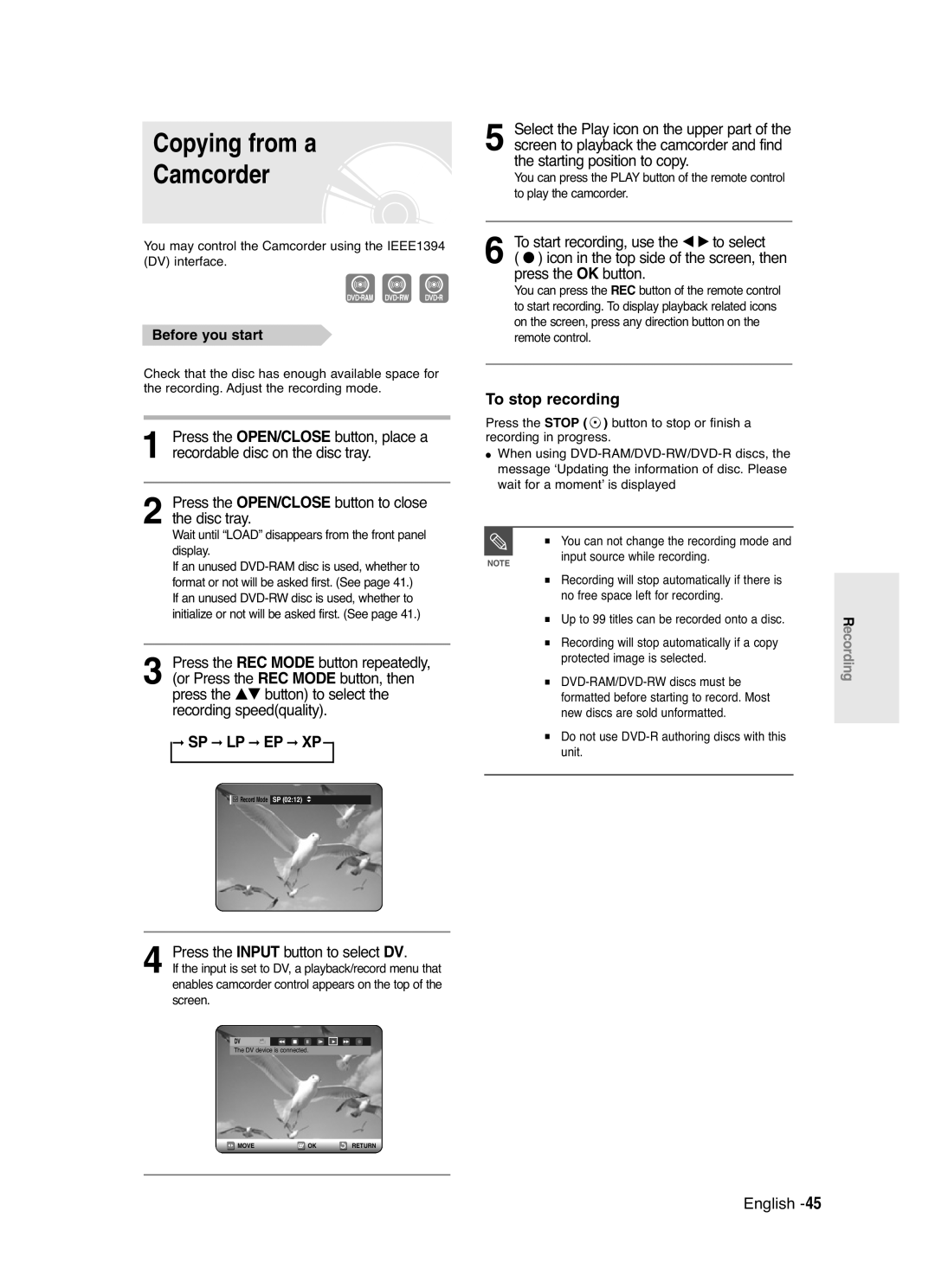 Samsung DVD-R120/EUR, DVD-R120/XET manual Copying from a Camcorder, Press the Input button to select DV 