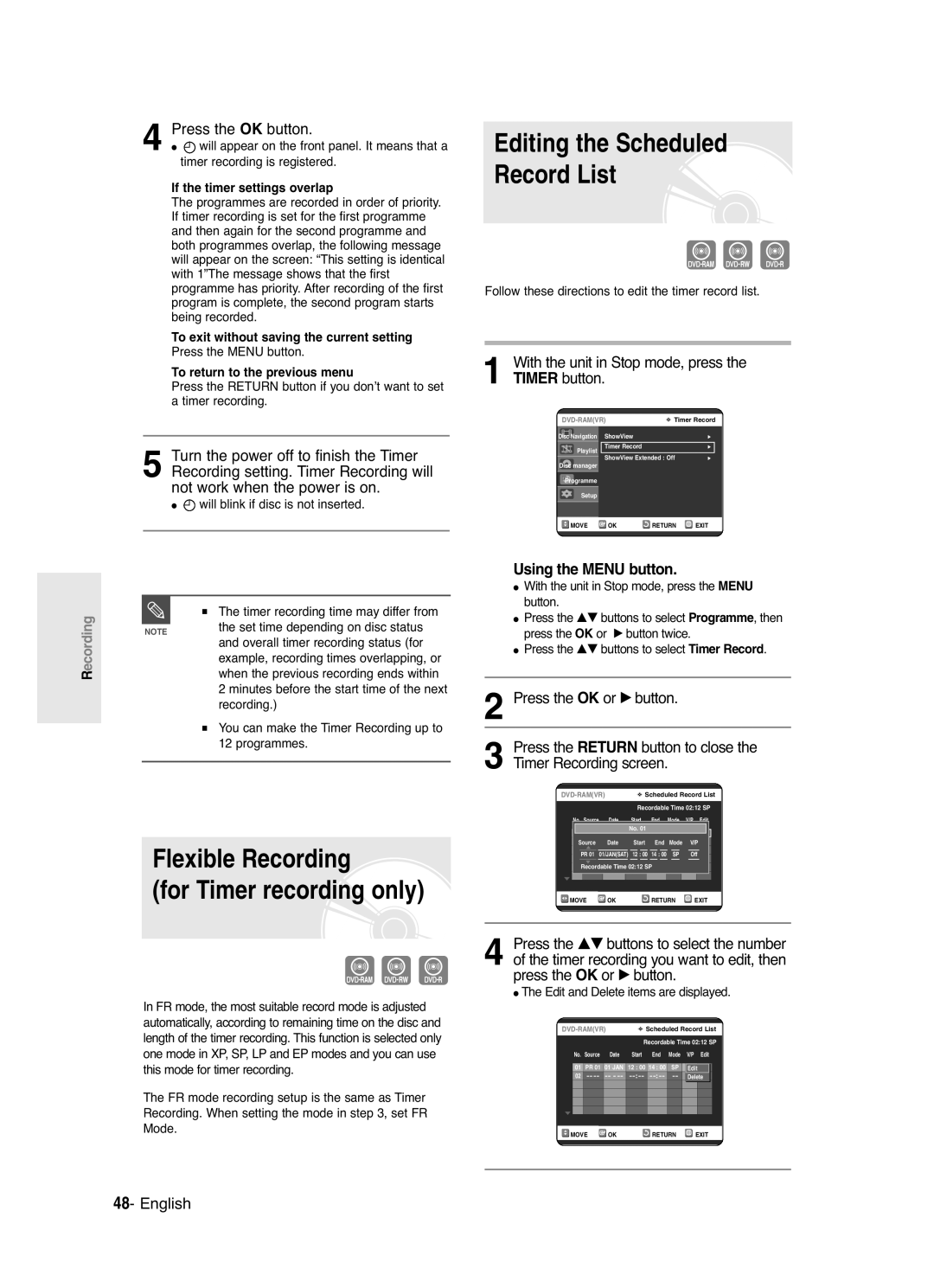 Samsung DVD-R120/XET manual Flexible Recording For Timer recording only, Press the OK button, If the timer settings overlap 