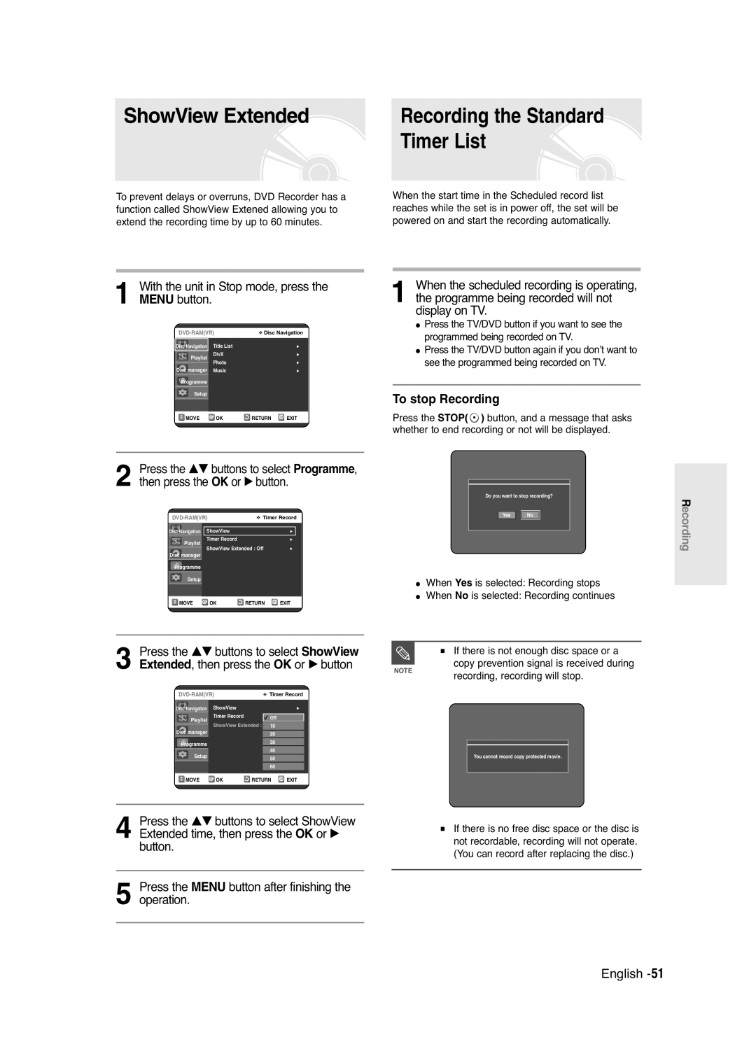 Samsung DVD-R120/EUR, DVD-R120/XET manual ShowView Extended, Timer List 