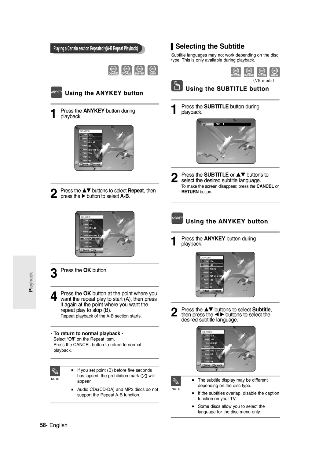 Samsung DVD-R120/XET manual Selecting the Subtitle, Using the Subtitle button, Press the Subtitle button during playback 