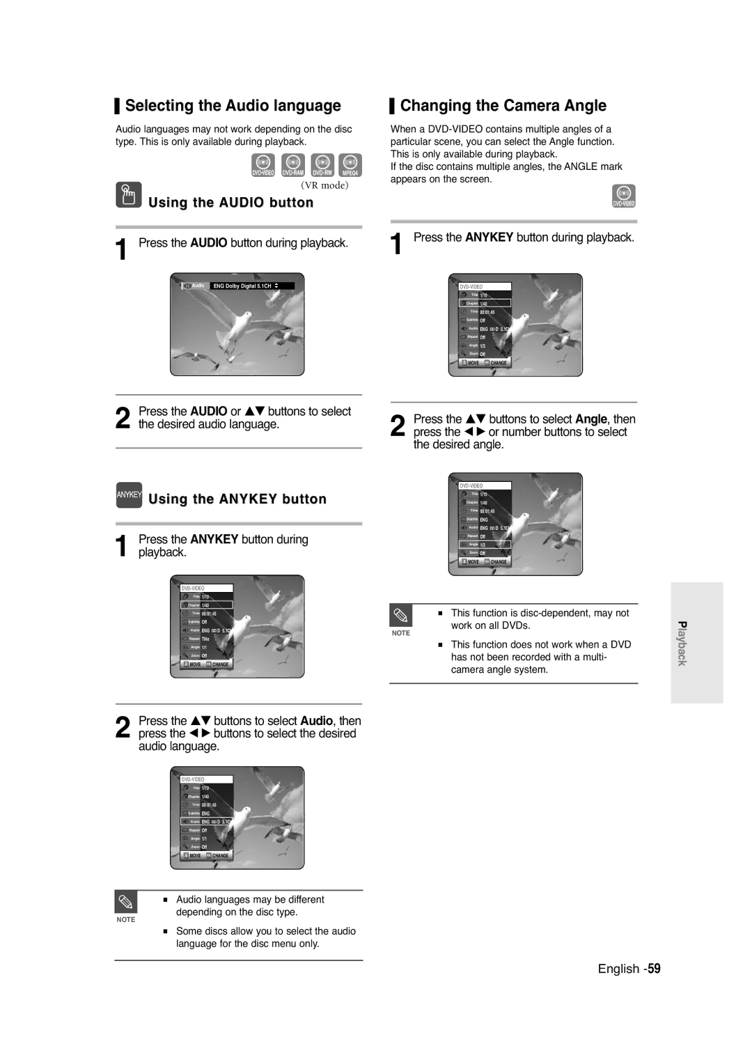 Samsung DVD-R120/EUR, DVD-R120/XET manual Selecting the Audio language, Changing the Camera Angle, Using the Audio button 